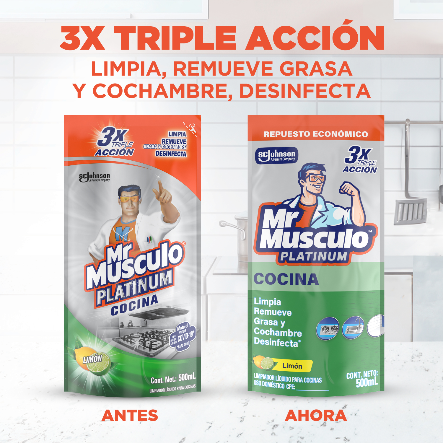 Mr. Músculo Platinum, Desengrasante Limón, Repuesto 500mL