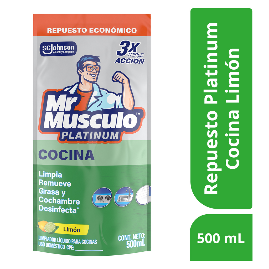 Mr. Músculo Platinum, Desengrasante Limón, Repuesto 500mL