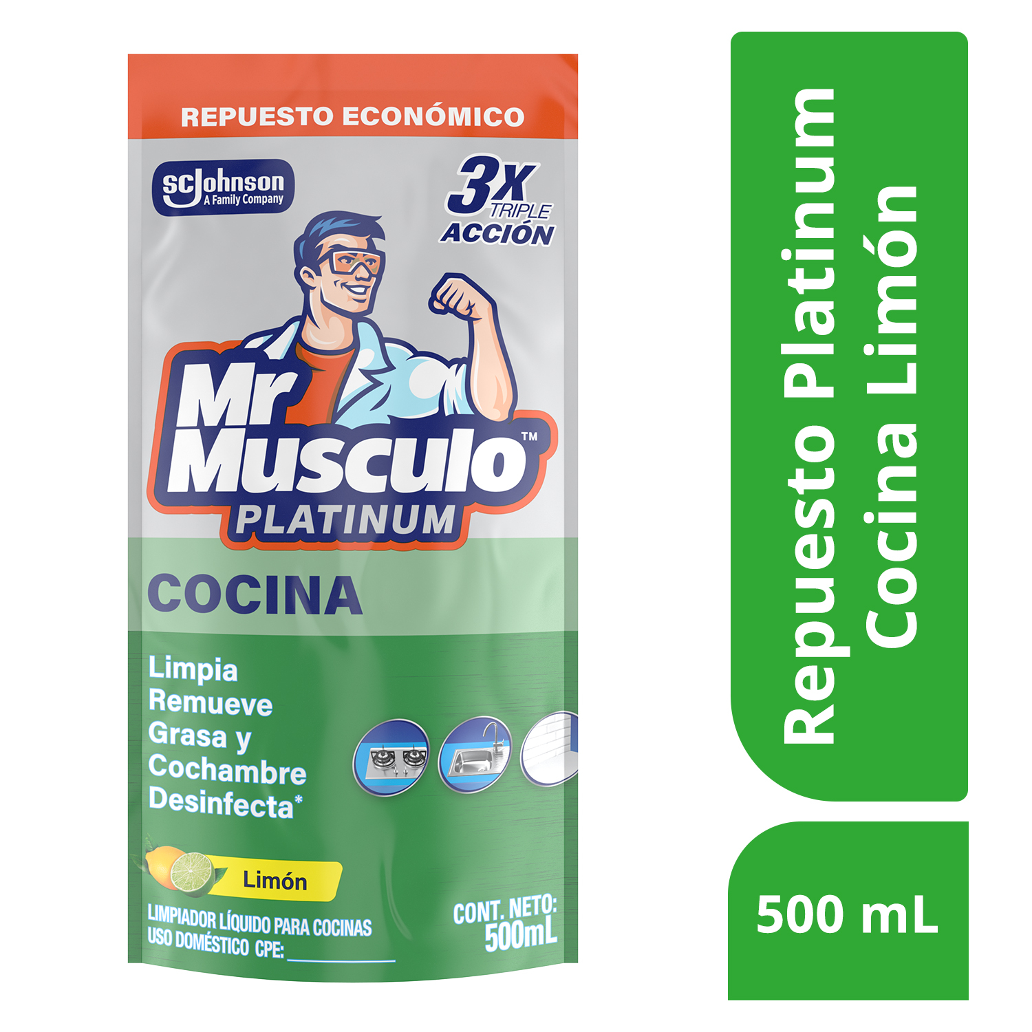 Mr. Músculo Platinum, Desengrasante Limón, Repuesto 500mL