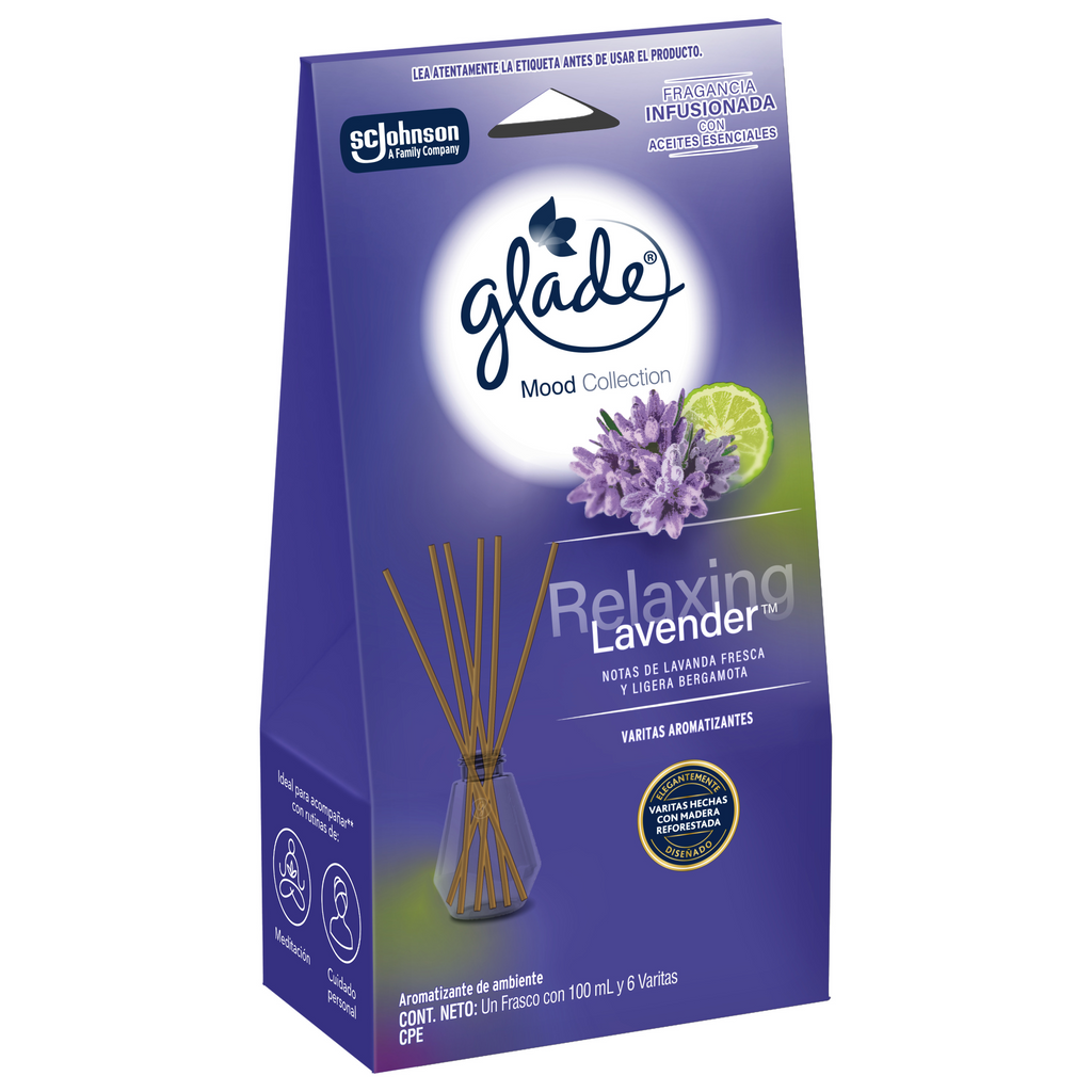 Glade® Mood Collection Varitas Aromatizantes Relaxing Lavender™ Frasco con 100 ml y 6 Varitas