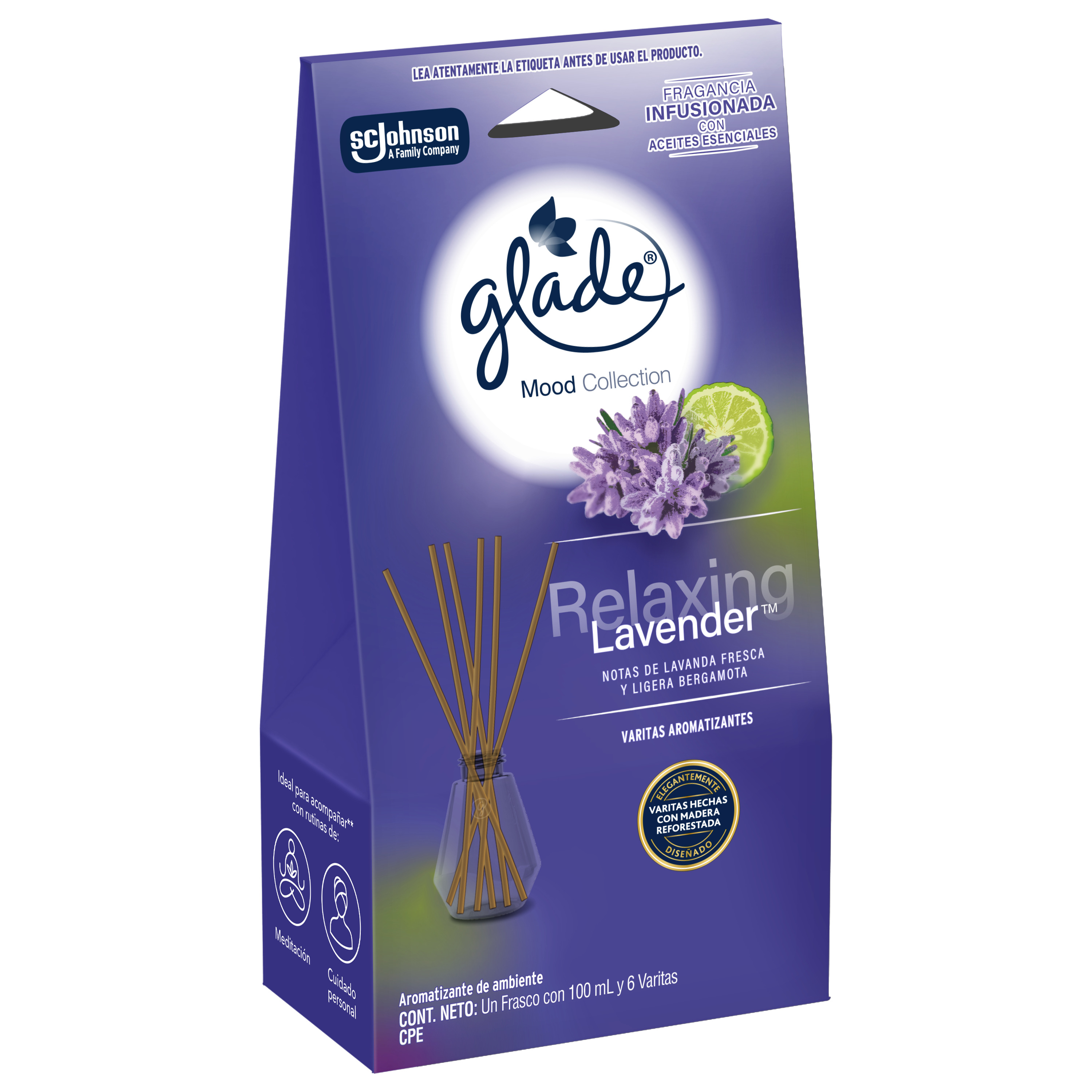 Glade® Mood Collection Varitas Aromatizantes Relaxing Lavender™ Frasco con 100 ml y 6 Varitas