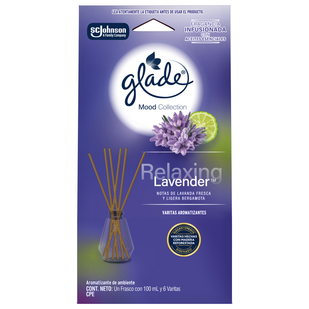Glade® Mood Collection Varitas Aromatizantes Relaxing Lavender™ Frasco con 100 ml y 6 Varitas