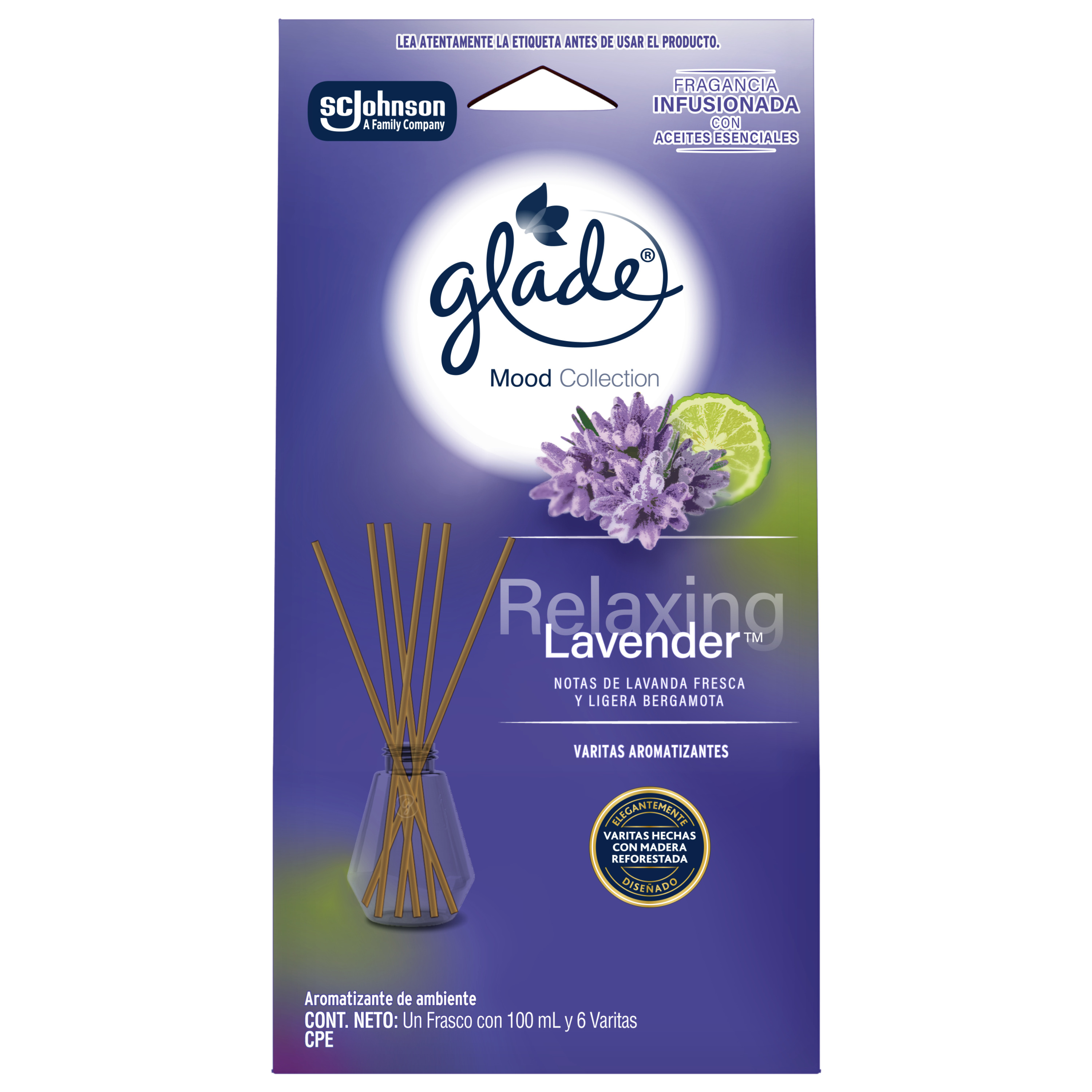 Glade® Mood Collection Varitas Aromatizantes Relaxing Lavender™ Frasco con 100 ml y 6 Varitas