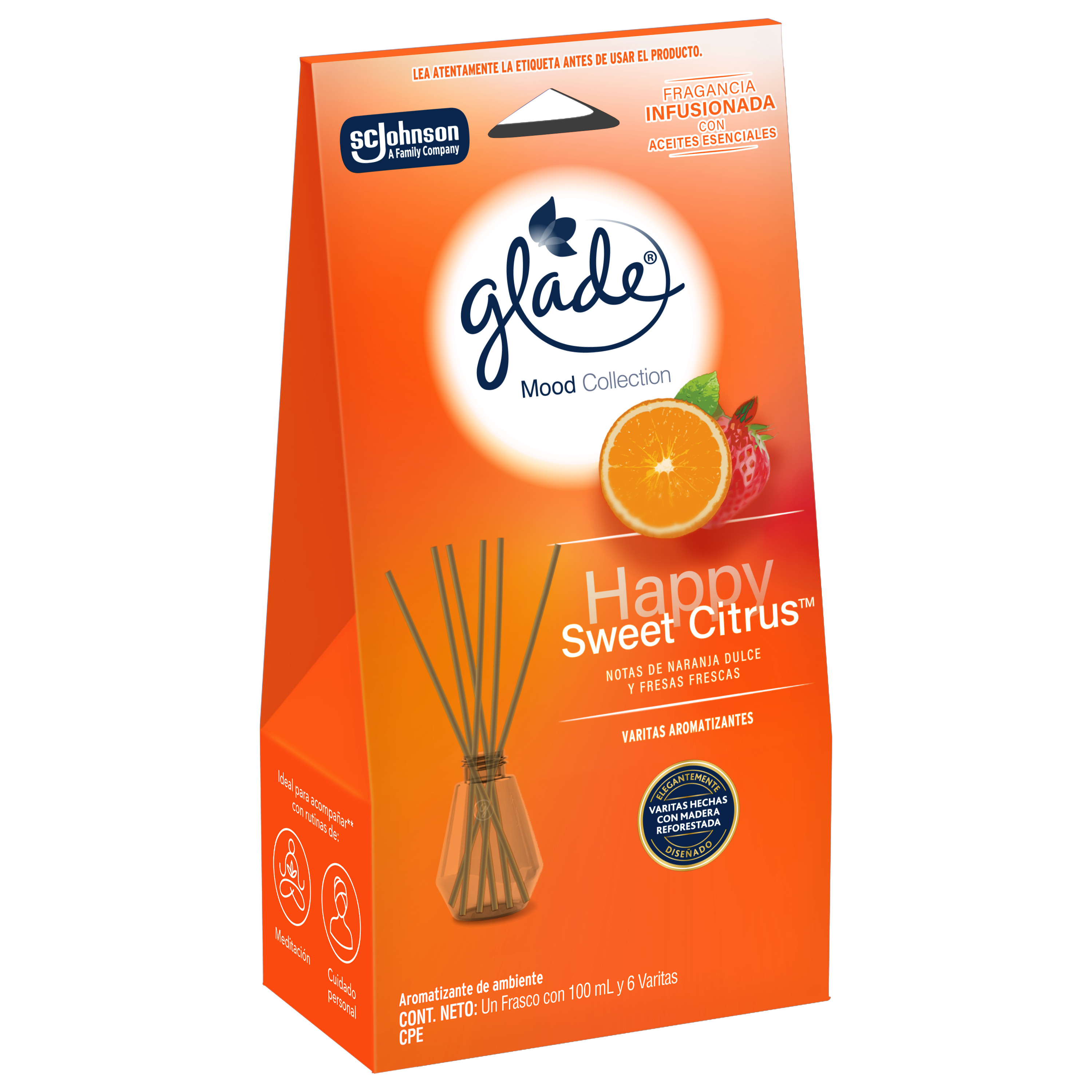 Glade® Mood Collection Varitas Aromatizantes Happy Sweet Citrus™ Frasco con 100 ml y 6 Varitas