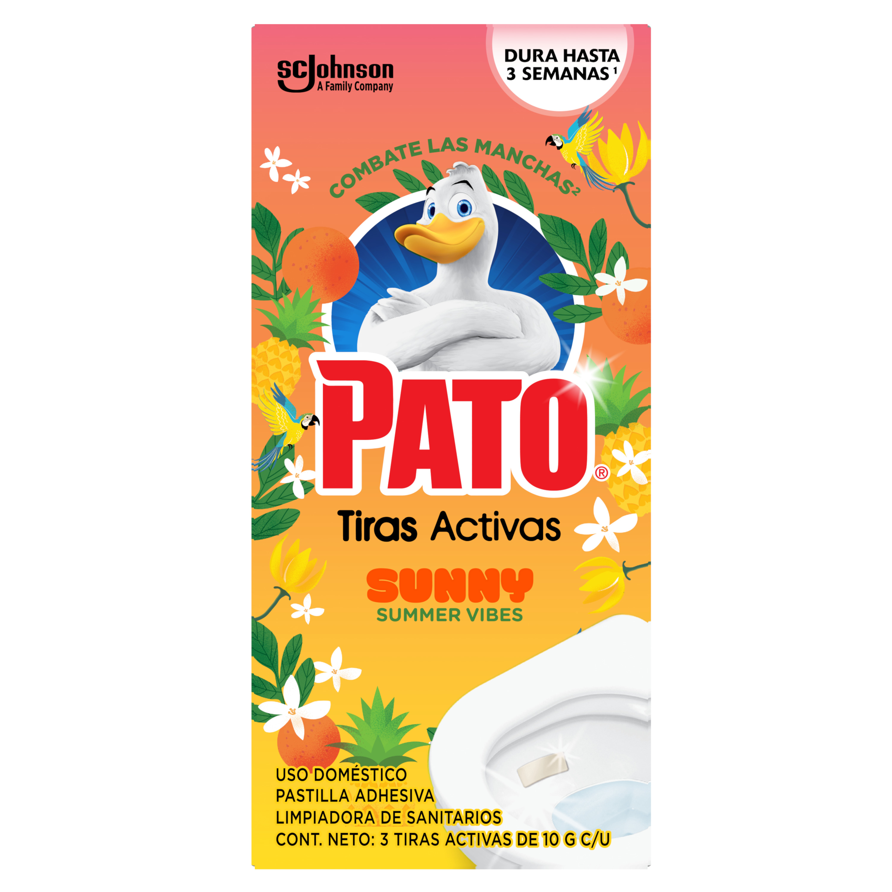 Pato® Tiras Activas Sunny Summer Vibes, Pastillas adhesivas para Sanitario, 3 unidades