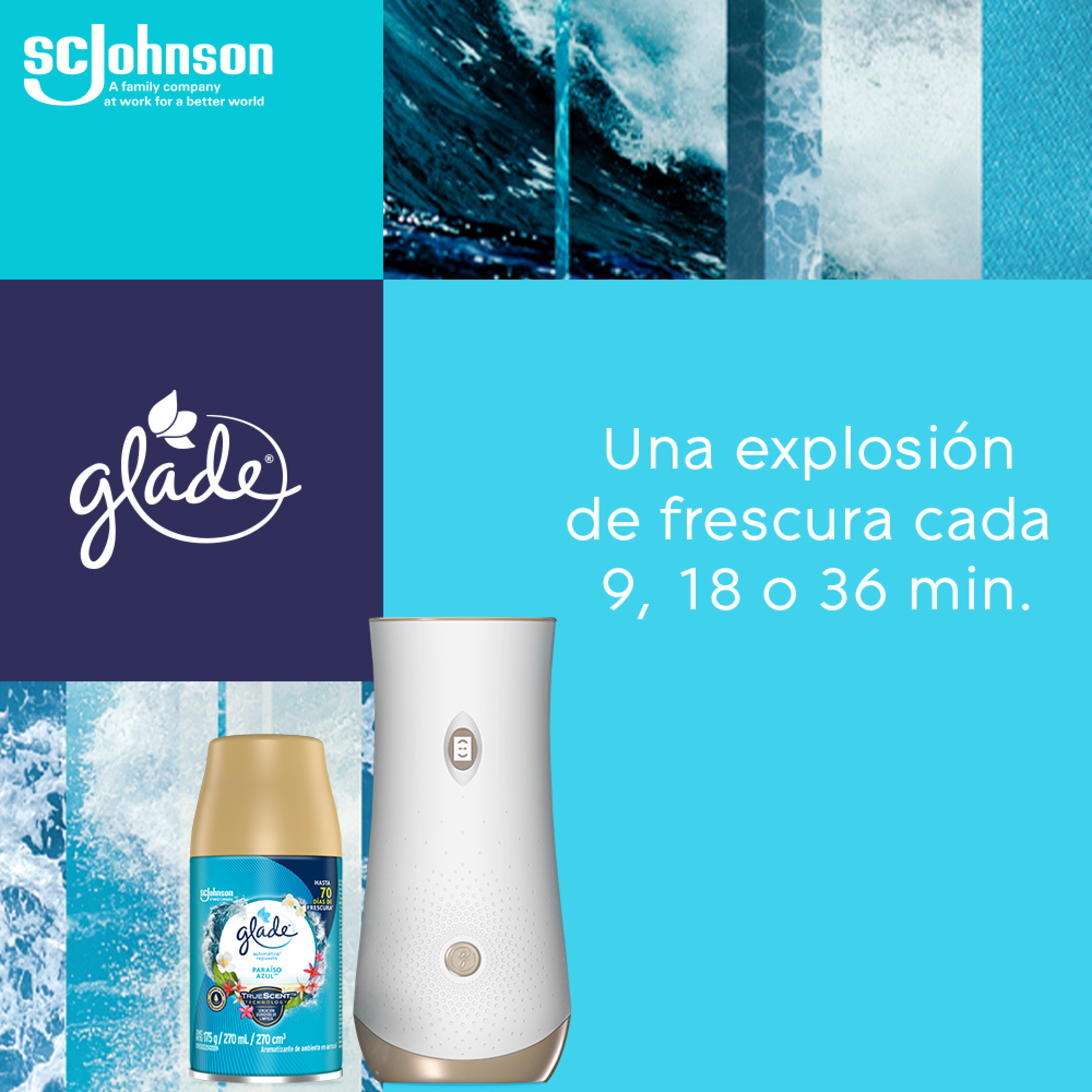 Glade Aromatizante Automático en Aerosol Paraíso Azul 175 g Aparato y Repuesto
