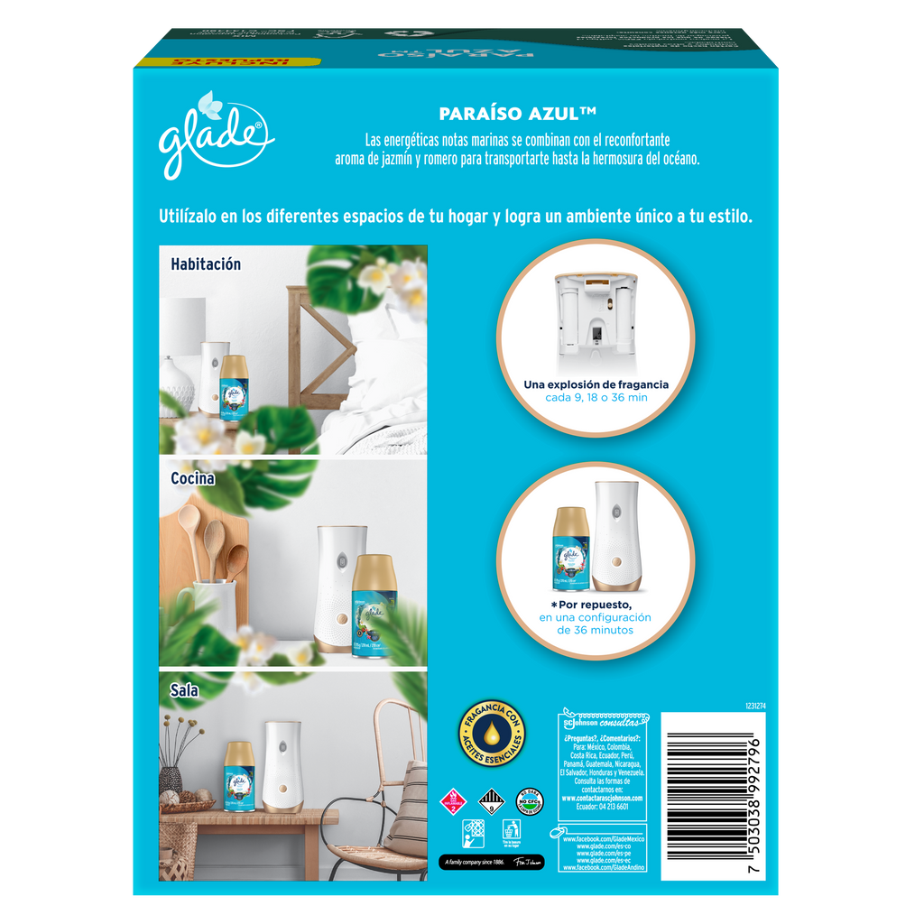 Glade Aromatizante Automático en Aerosol Paraíso Azul 175 g Aparato y Repuesto