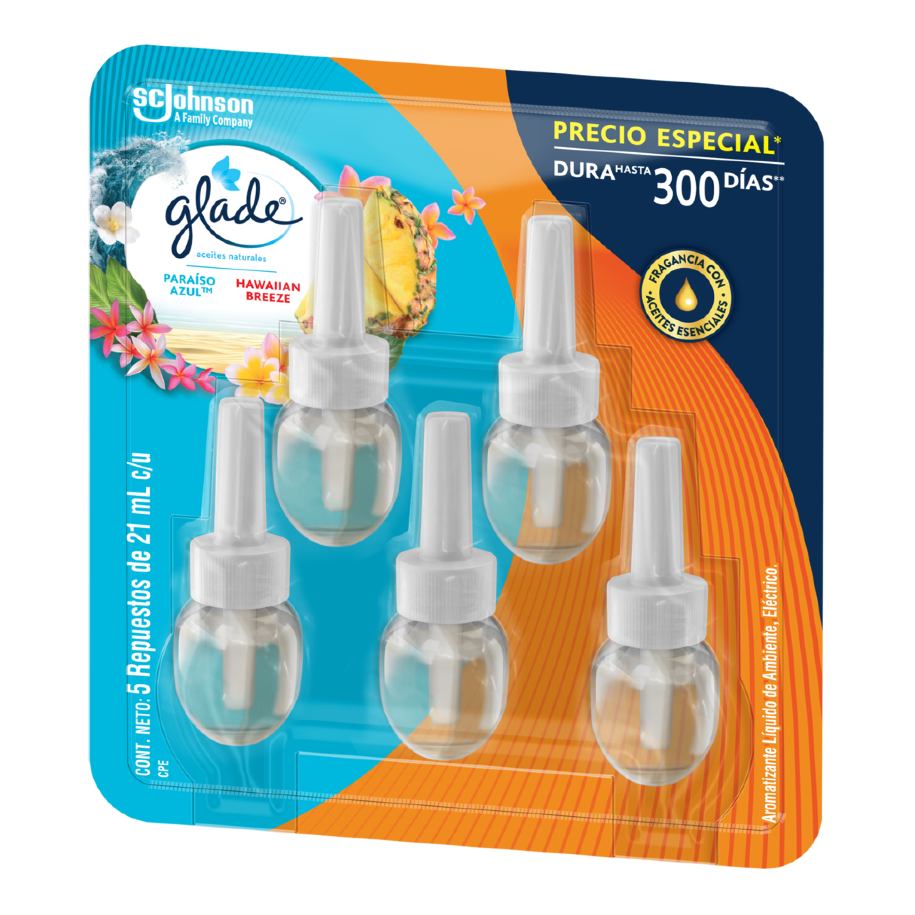 Glade® Aceites Naturales 3 Repuestos Paraíso Azul™ más 2 Repuestos 105ml