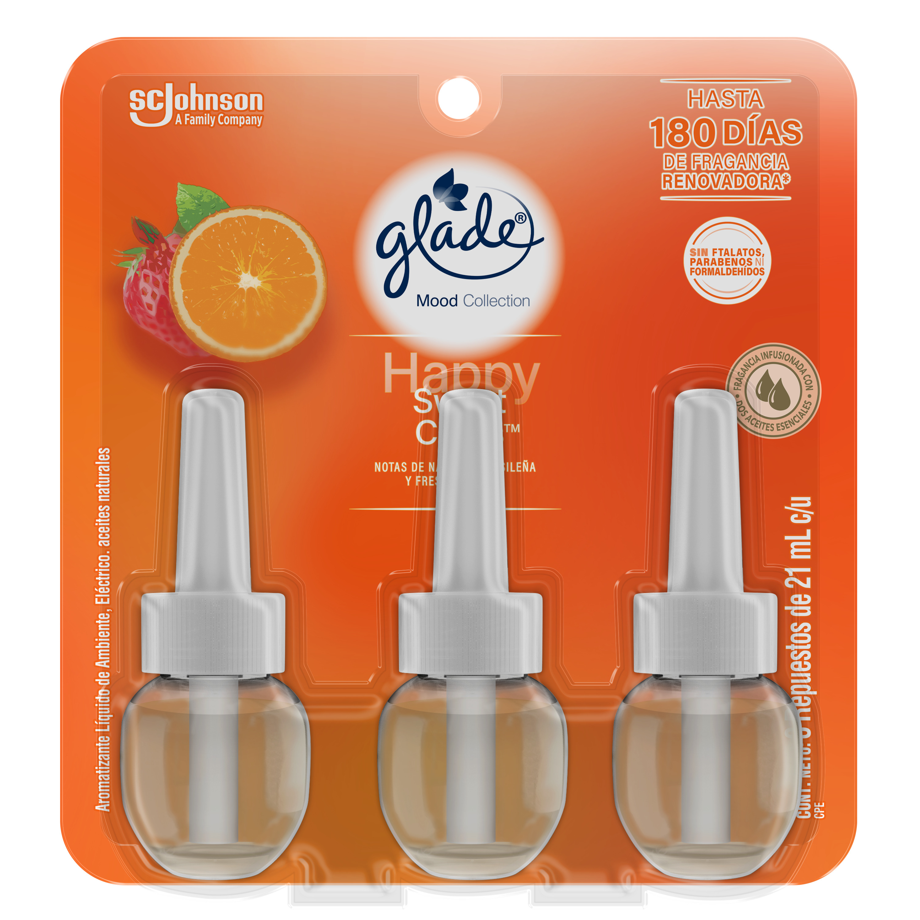 Glade aromatizante edición Mood Collection Aceites Naturales, +3 Repuestos Happy Sweet Citrus, de 21ml c/u