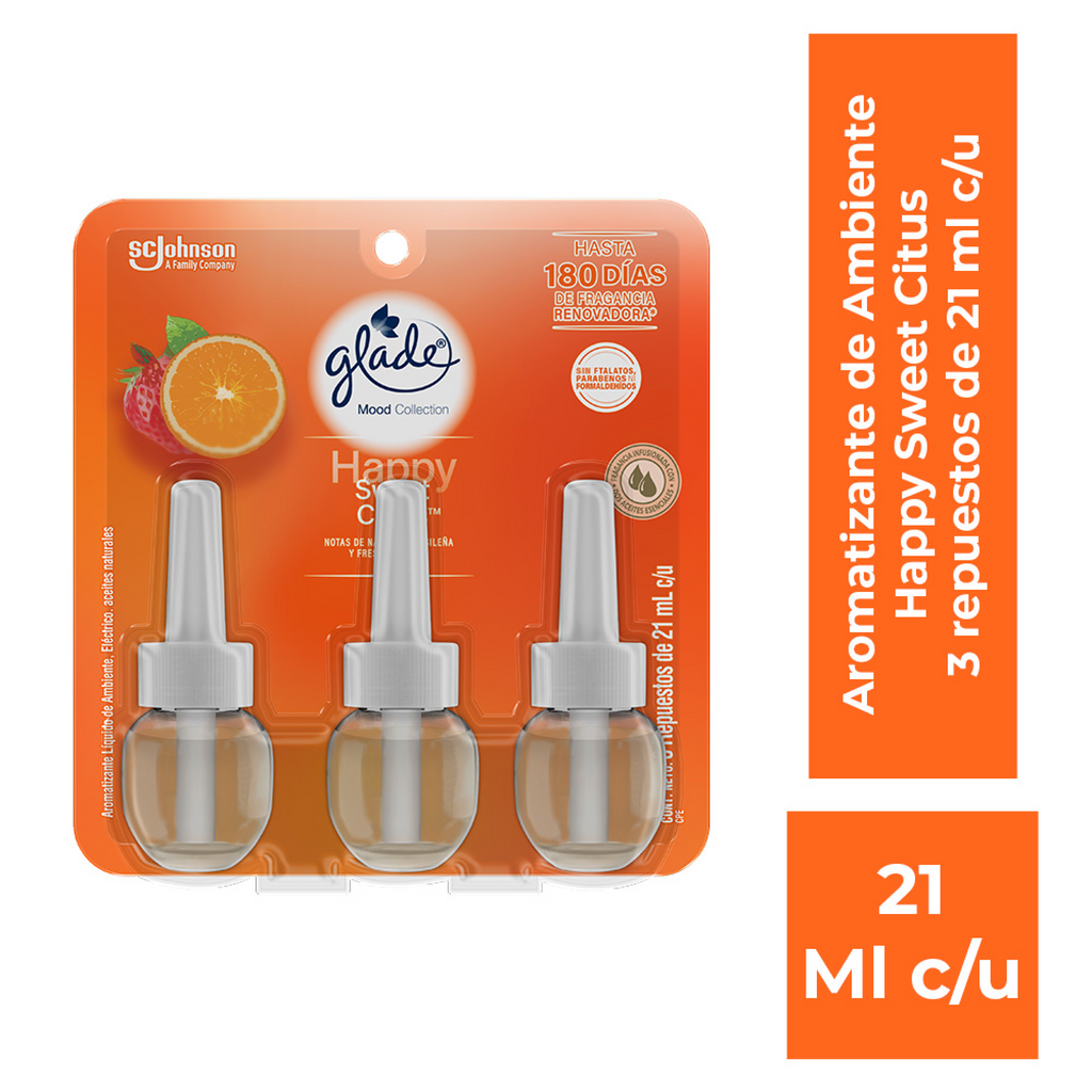 Glade aromatizante edición Mood Collection Aceites Naturales, +3 Repuestos Happy Sweet Citrus, de 21ml c/u