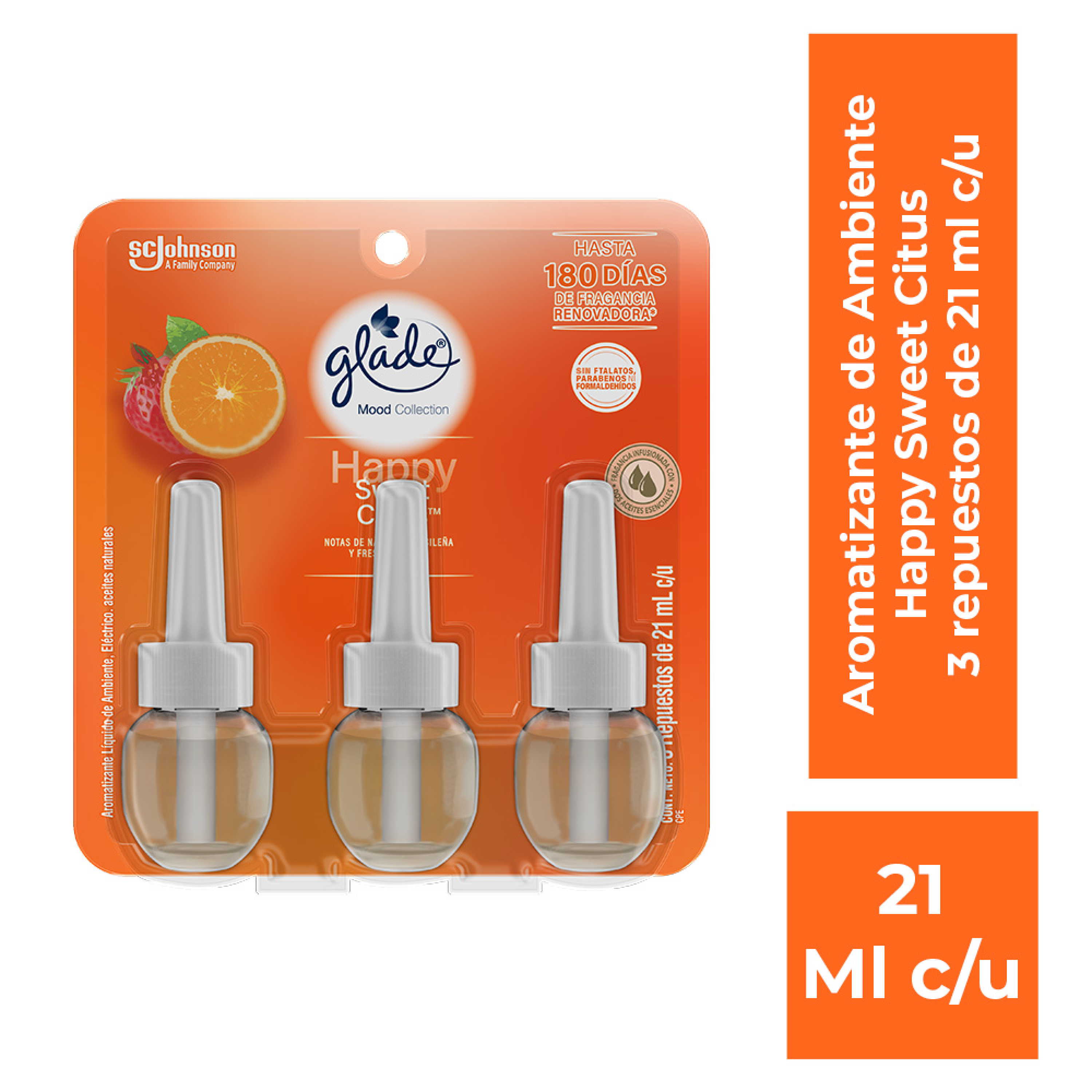Glade aromatizante edición Mood Collection Aceites Naturales, +3 Repuestos Happy Sweet Citrus, de 21ml c/u