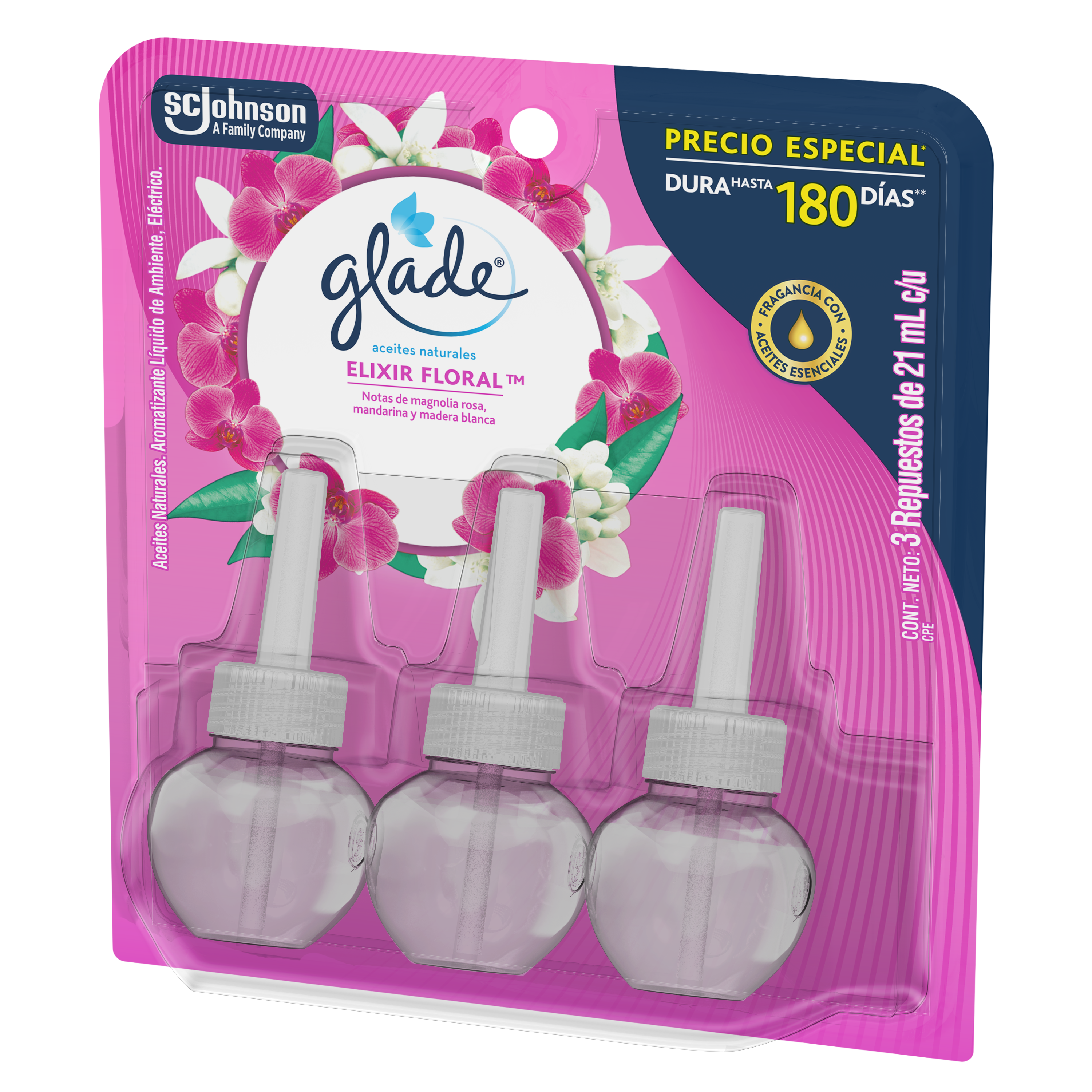 Glade Aromatizante Aceites Naturales Elixir Floral 3 Repuestos 21ml c/u