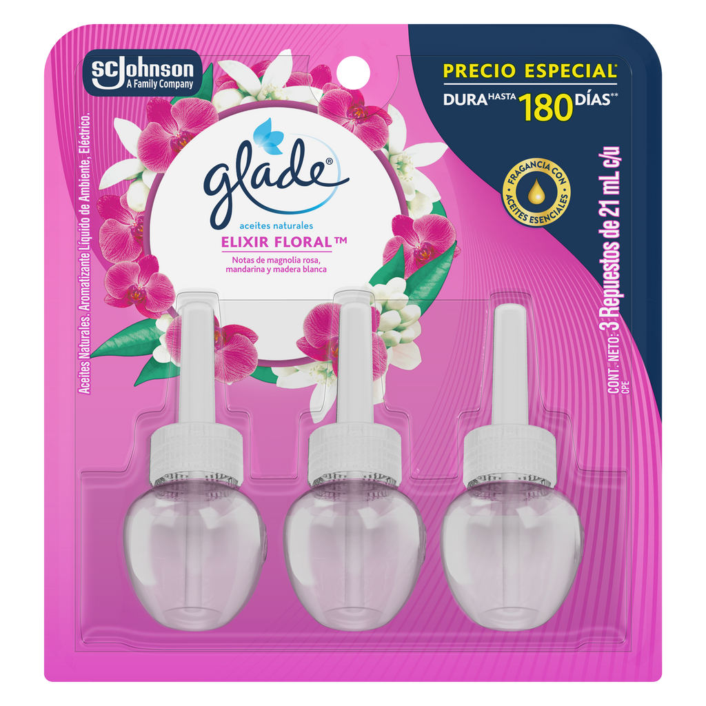 Glade Aromatizante Aceites Naturales Elixir Floral 3 Repuestos 21ml c/u