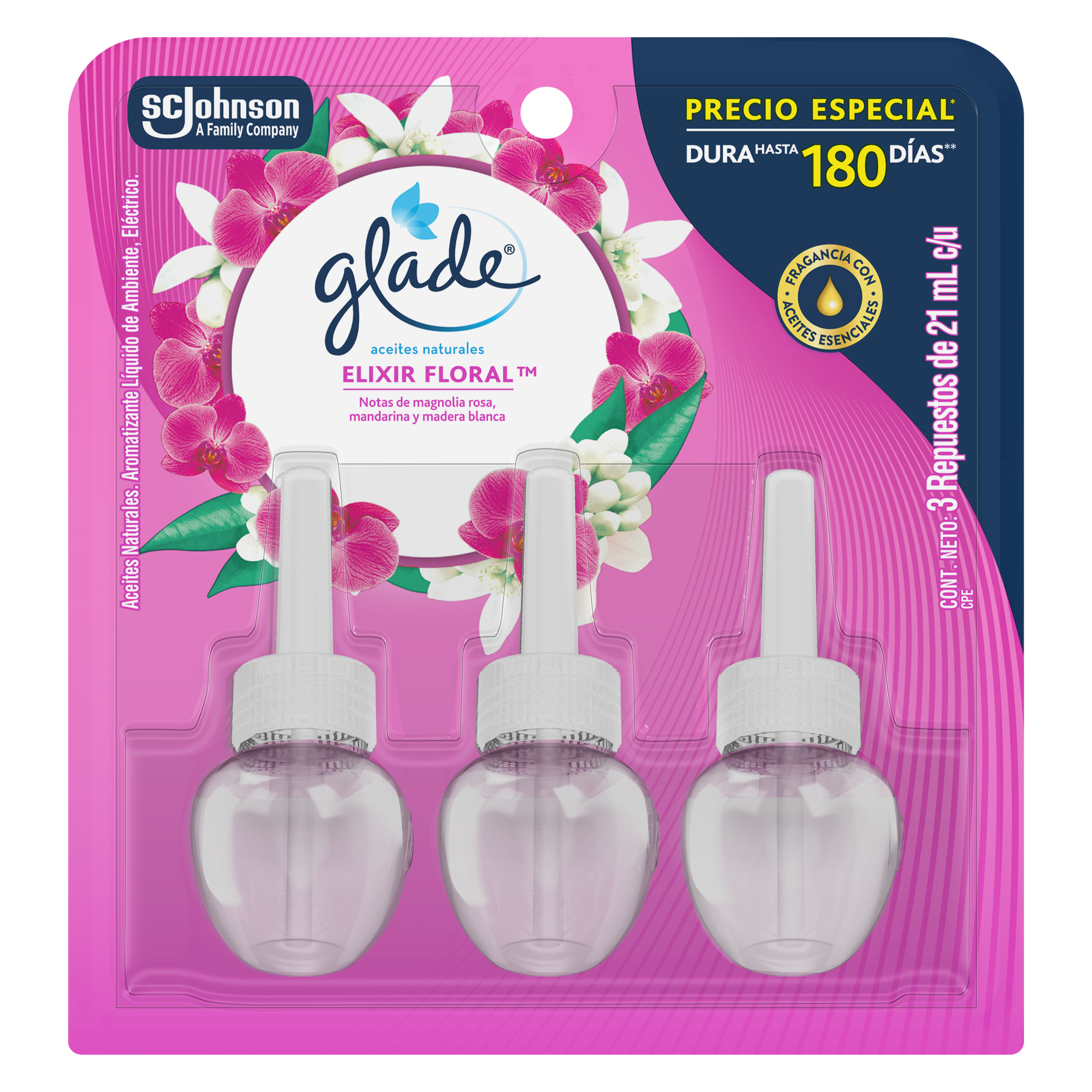 Glade Aromatizante Aceites Naturales Elixir Floral 3 Repuestos 21ml c/u