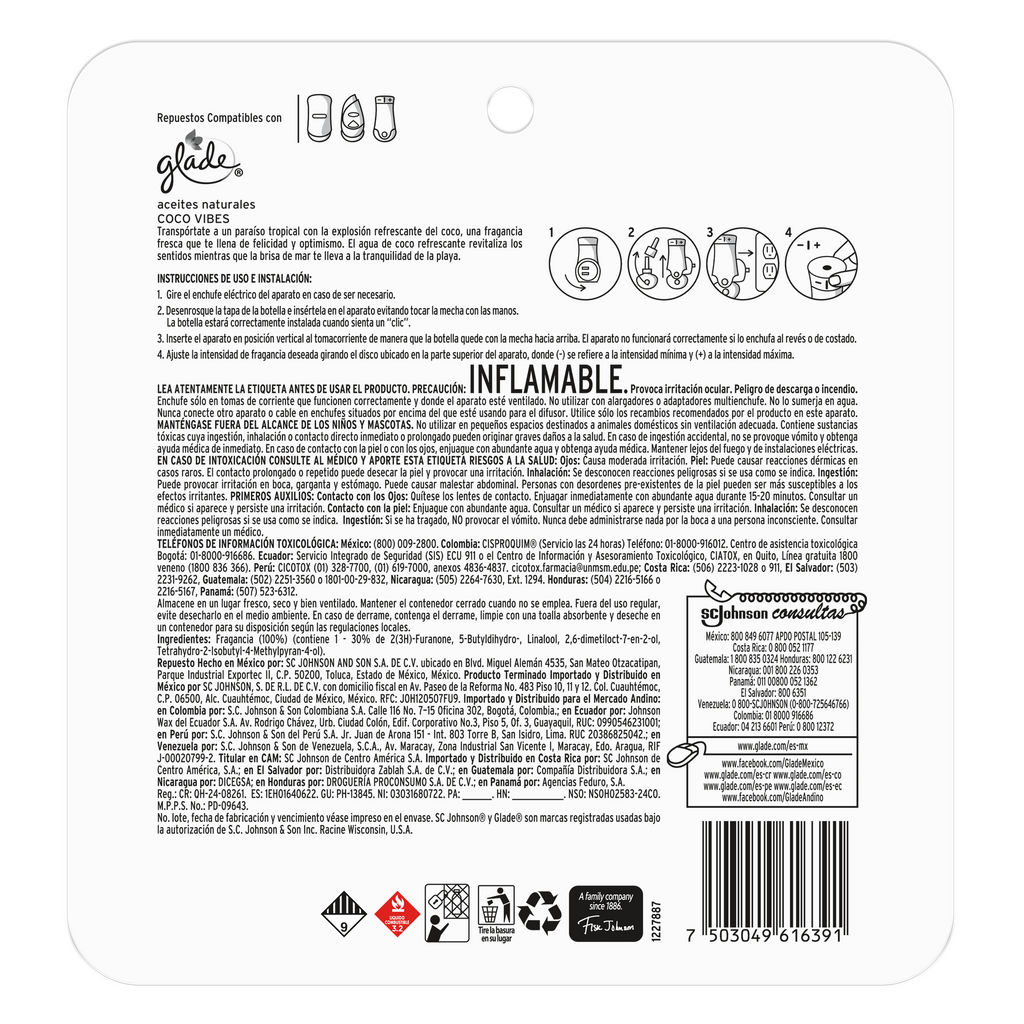 Glade Aromatizante Aceites Naturales Coco Vibes 3pk repuestos 63ml