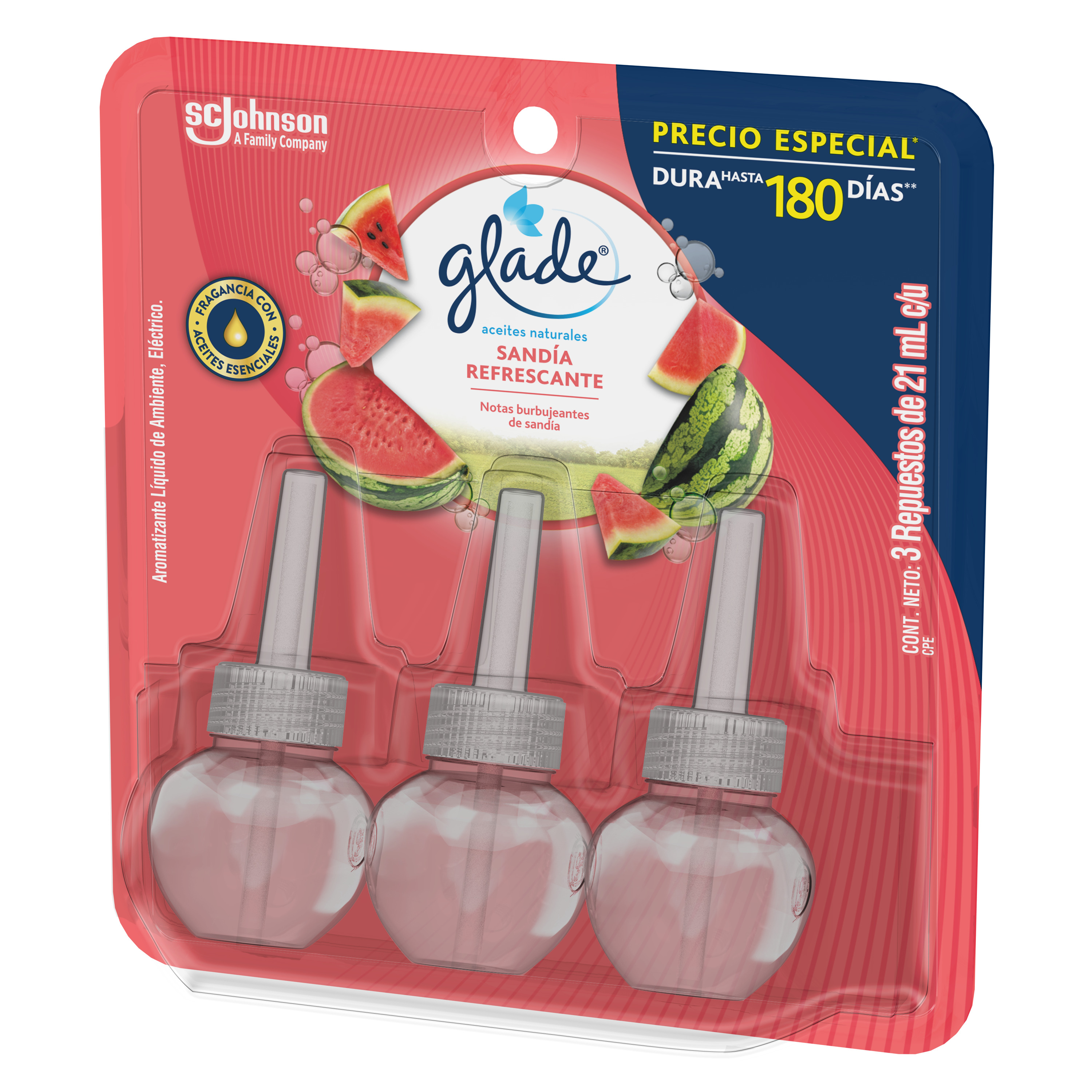 Aromatizante de Aceites Naturales Glade +3 Repuestos Sandía Refrescante de 21ml c/u
