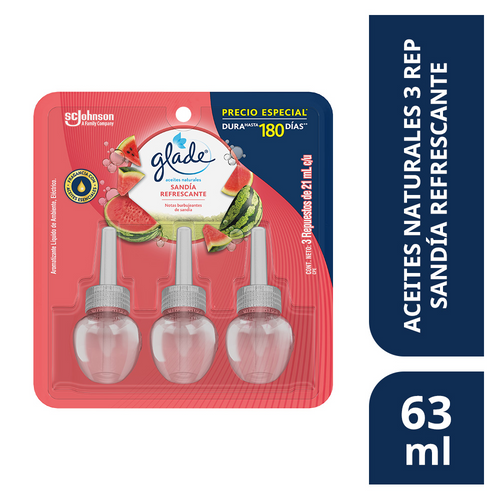 Aromatizante de Aceites Naturales Glade +3 Repuestos Sandía Refrescante de 21ml c/u