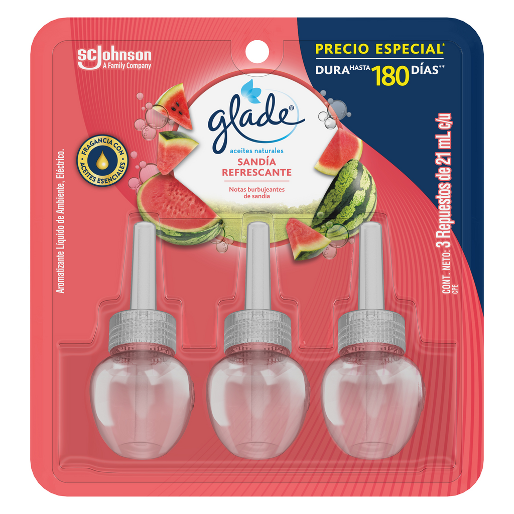 Aromatizante de Aceites Naturales Glade +3 Repuestos Sandía Refrescante de 21ml c/u
