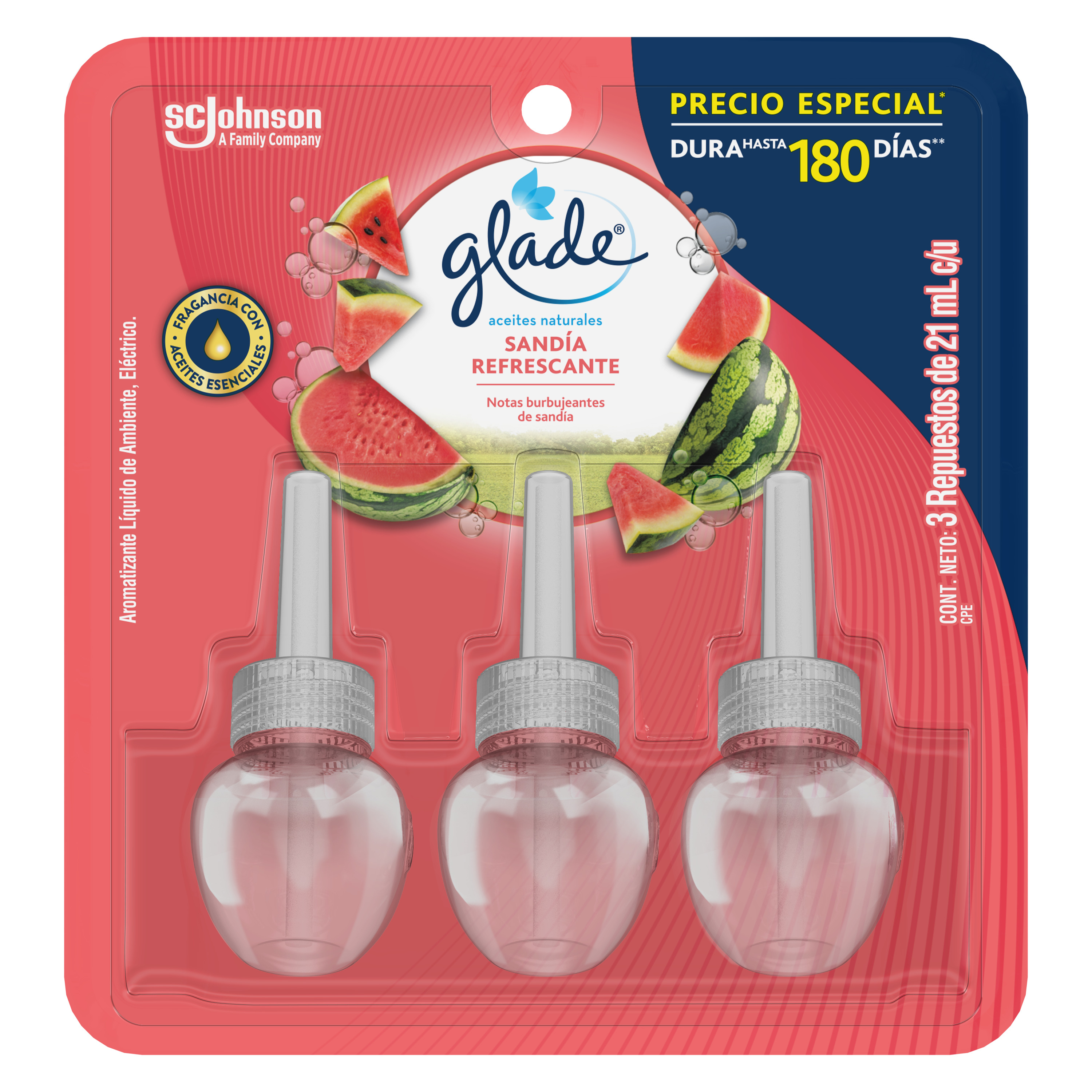 Aromatizante de Aceites Naturales Glade +3 Repuestos Sandía Refrescante de 21ml c/u