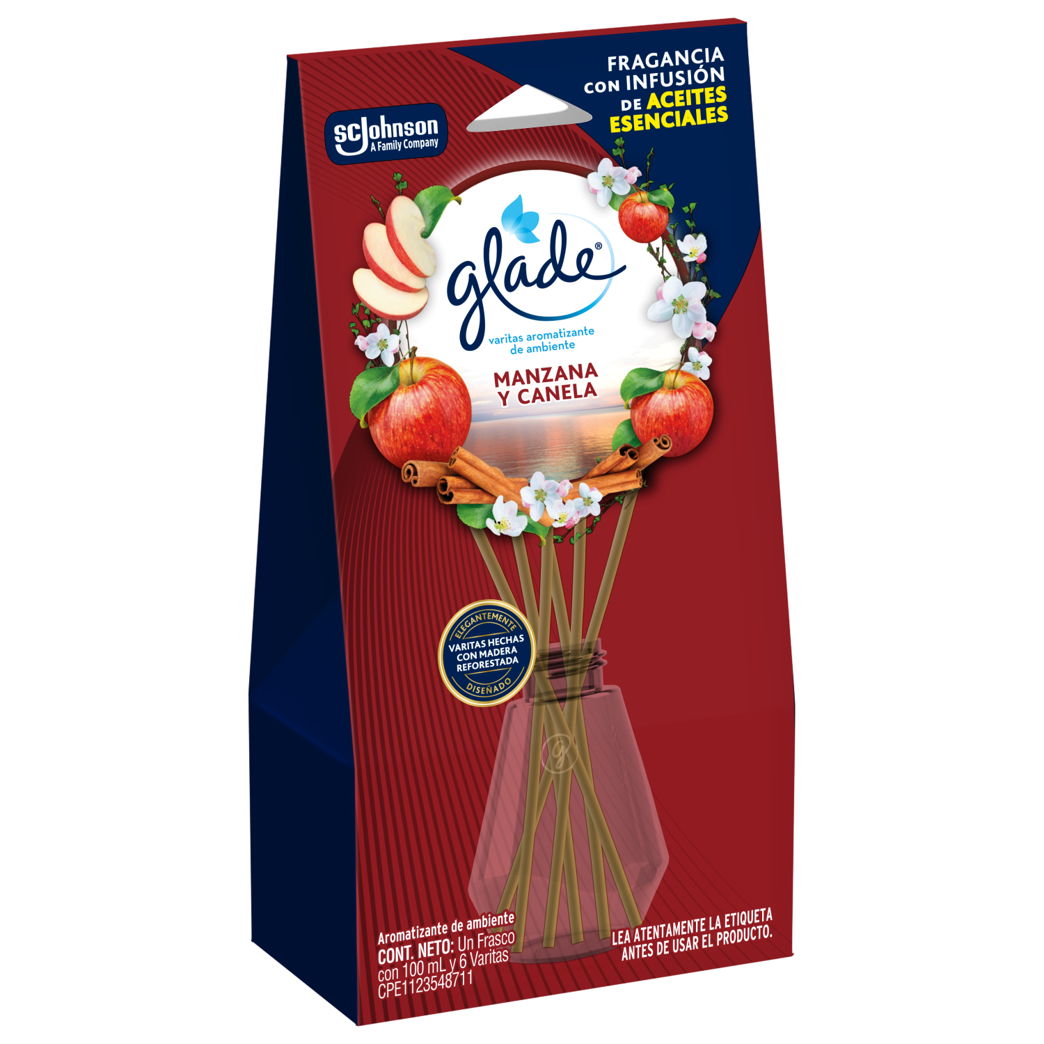 Glade Aromatizante Varitas Manzana Canela Frasco con 100 ml y 6 Varitas