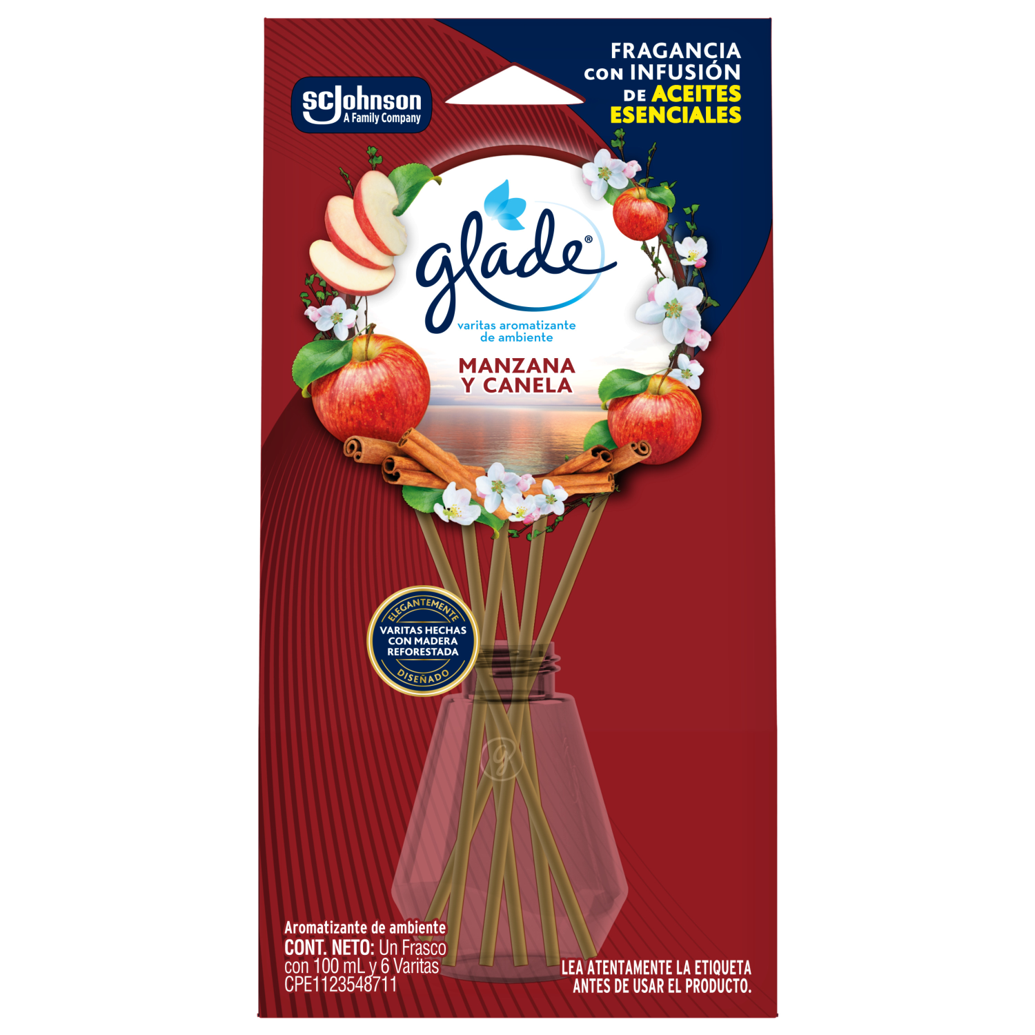 Glade Aromatizante Varitas Manzana Canela Frasco con 100 ml y 6 Varitas