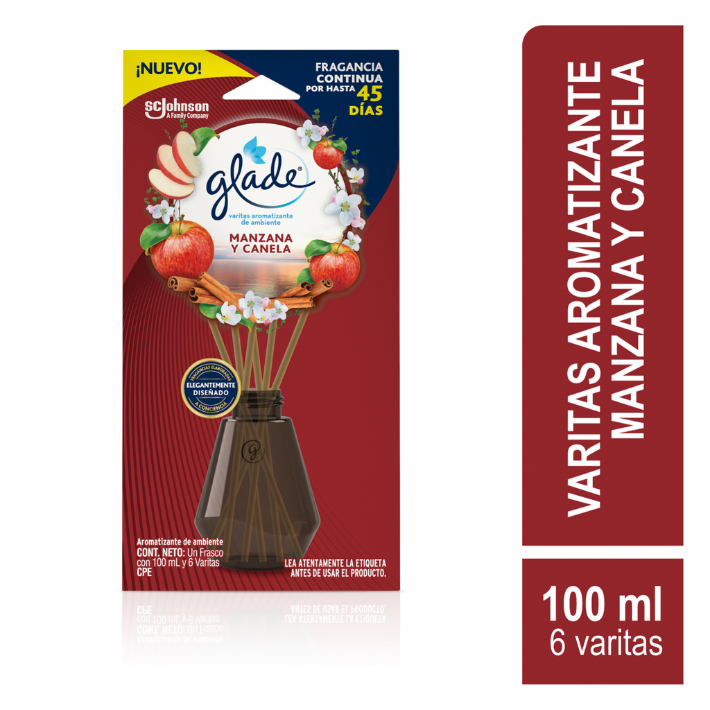 Glade Aromatizante Varitas Manzana Canela Frasco con 100 ml y 6 Varitas
