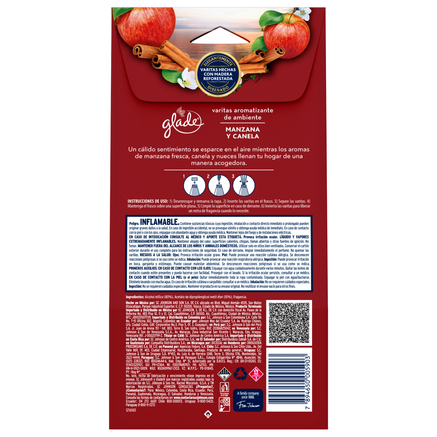 Glade Aromatizante Varitas Manzana Canela Frasco con 100 ml y 6 Varitas