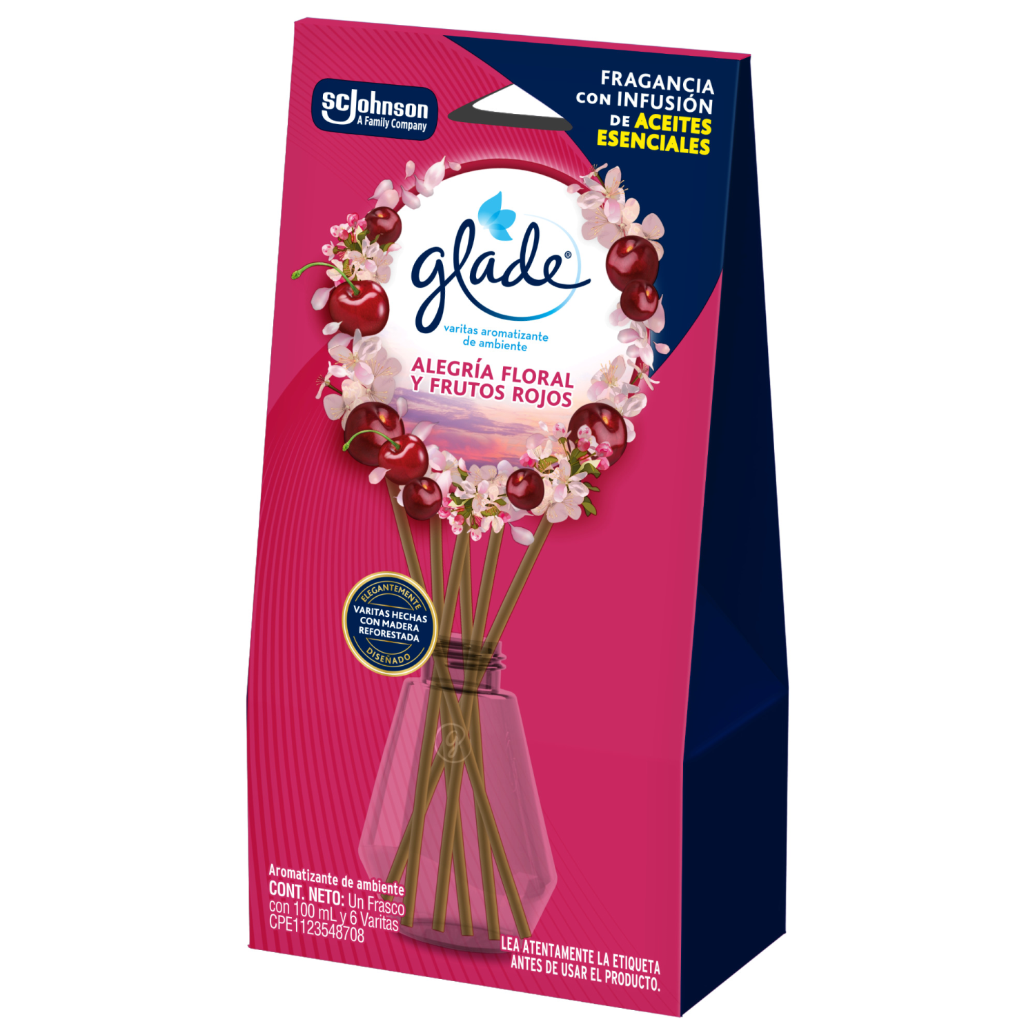 Glade® Aromatizante Varitas Alegría Floral y Frutos Rojos Frasco con 100 ml y 6 Varitas