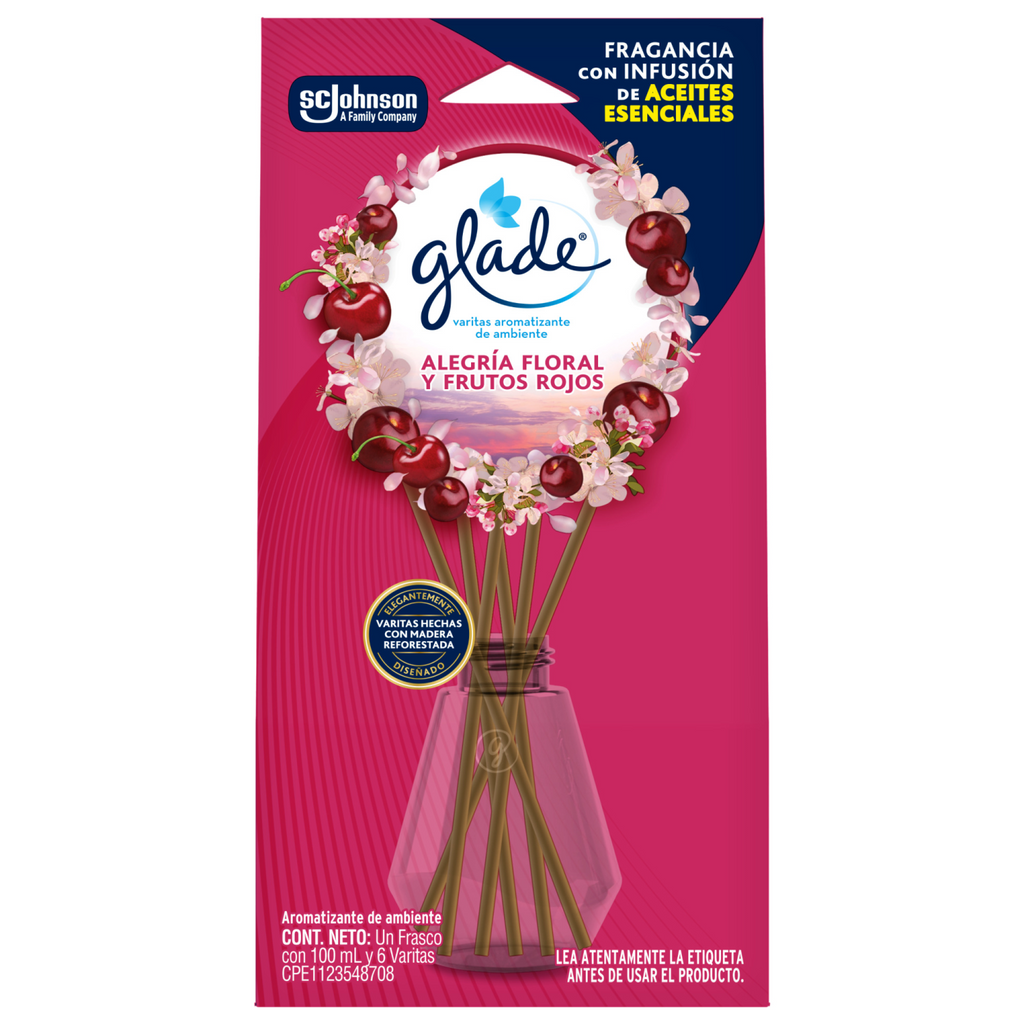 Glade® Aromatizante Varitas Alegría Floral y Frutos Rojos Frasco con 100 ml y 6 Varitas