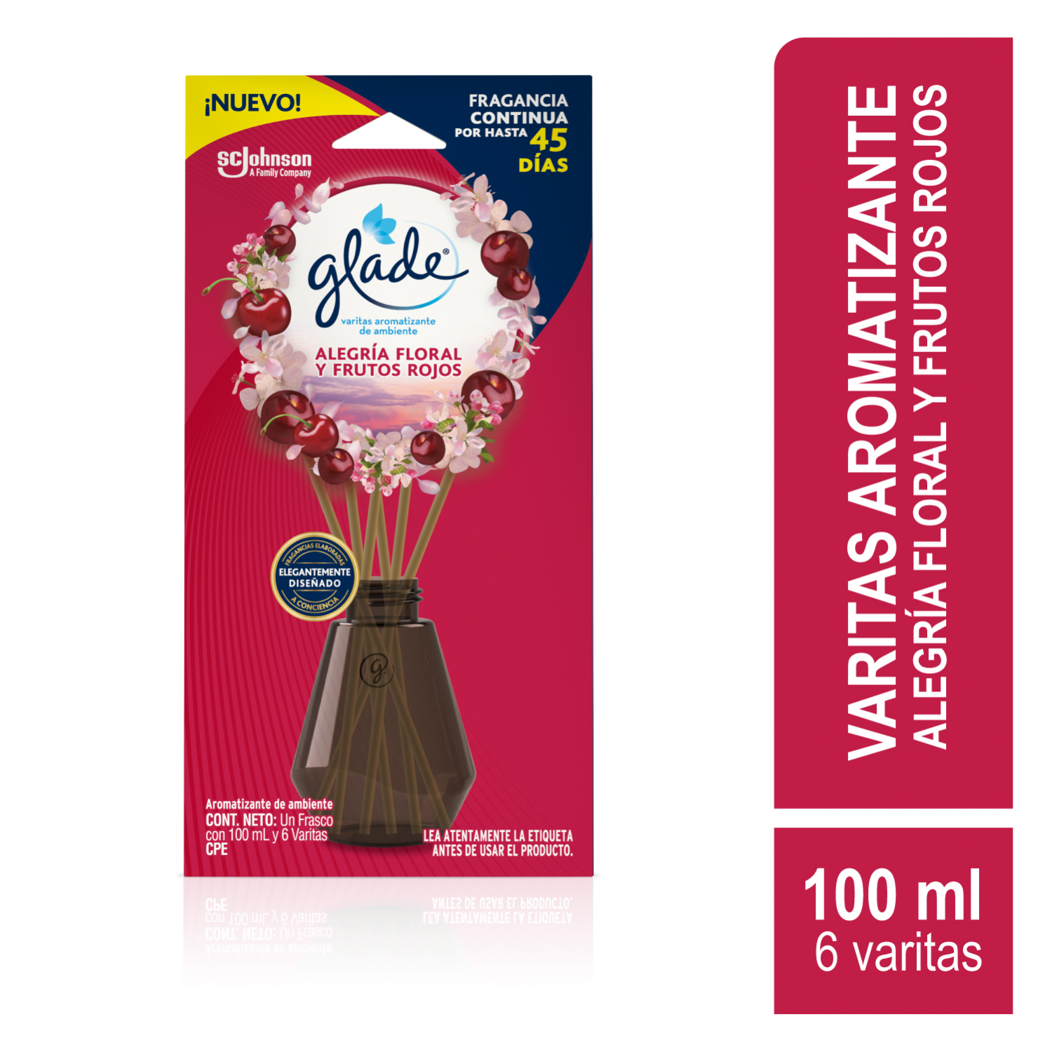 Glade® Aromatizante Varitas Alegría Floral y Frutos Rojos Frasco con 100 ml y 6 Varitas