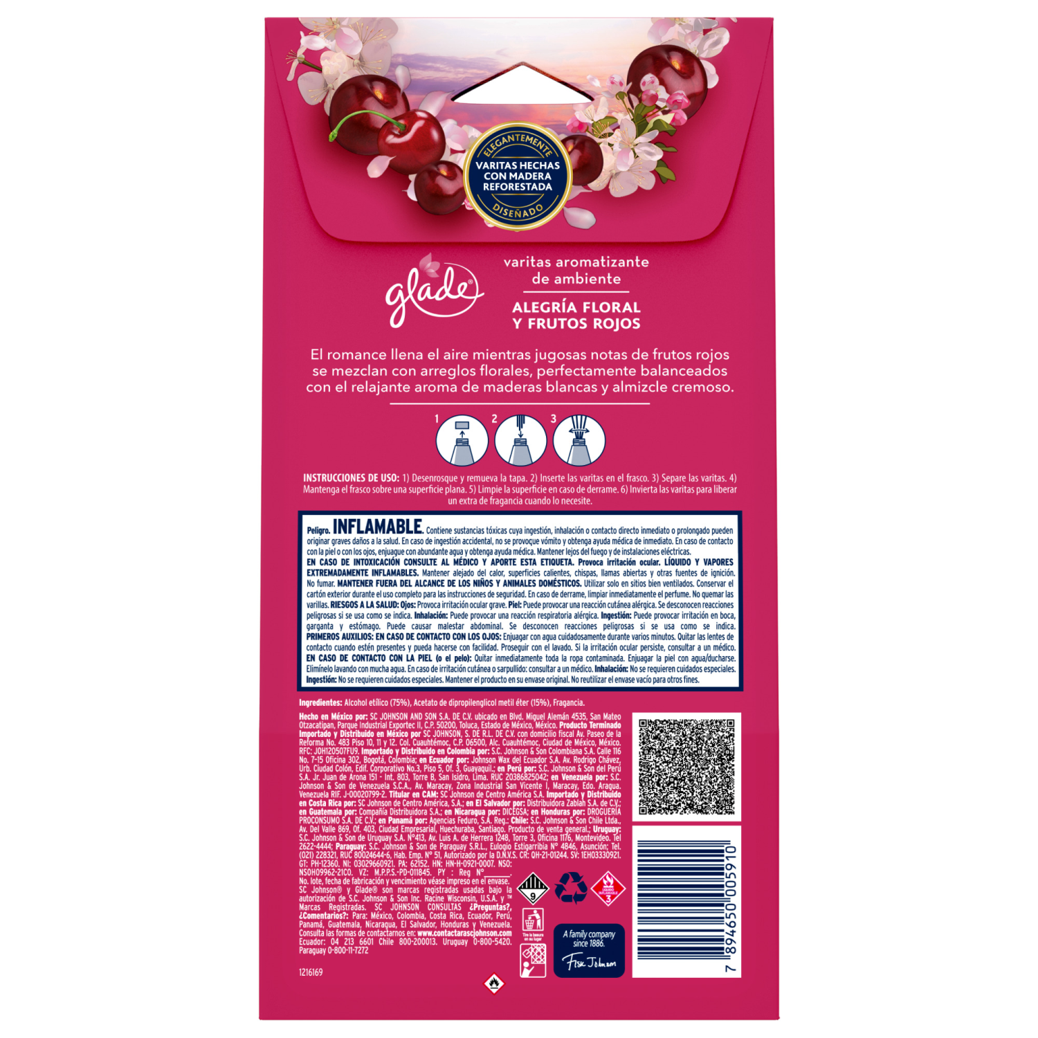 Glade® Aromatizante Varitas Alegría Floral y Frutos Rojos Frasco con 100 ml y 6 Varitas
