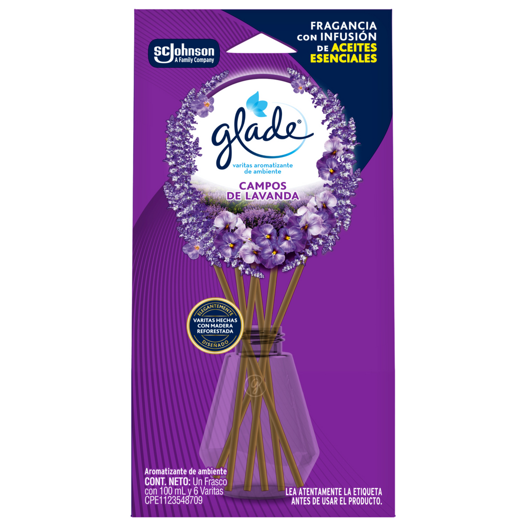 Glade® Aromatizante Varitas Campos de Lavanda Frasco con 100 ml y 6 Varitas