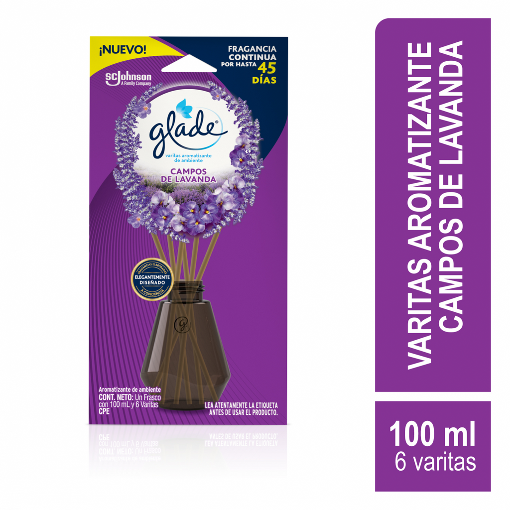 Glade® Aromatizante Varitas Campos de Lavanda Frasco con 100 ml y 6 Varitas