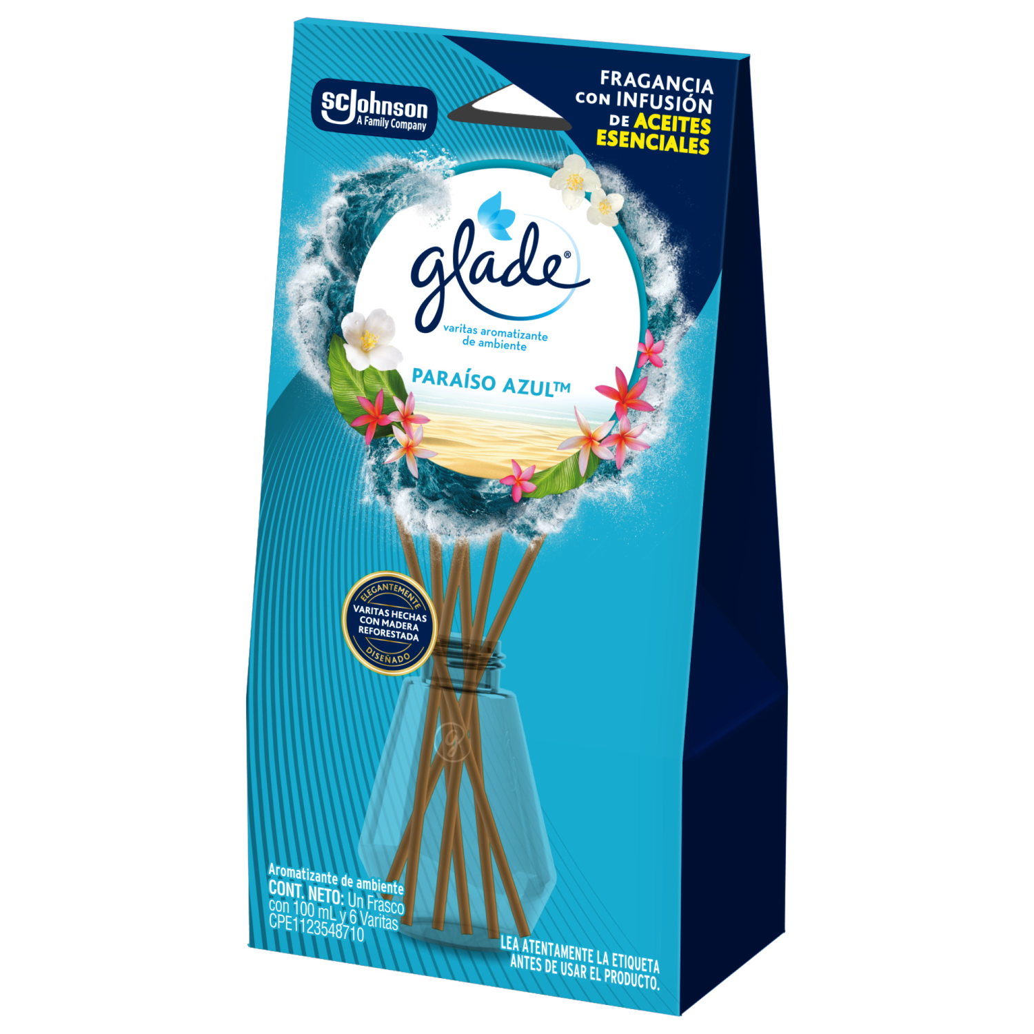 Glade Aromatizante Varitas Paraíso Azul Frasco con 100 ml y 6 Varitas
