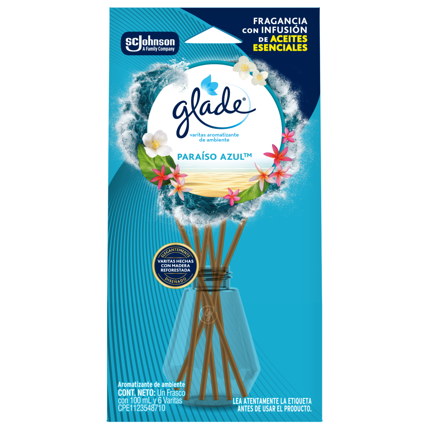 Glade Aromatizante Varitas Paraíso Azul Frasco con 100 ml y 6 Varitas
