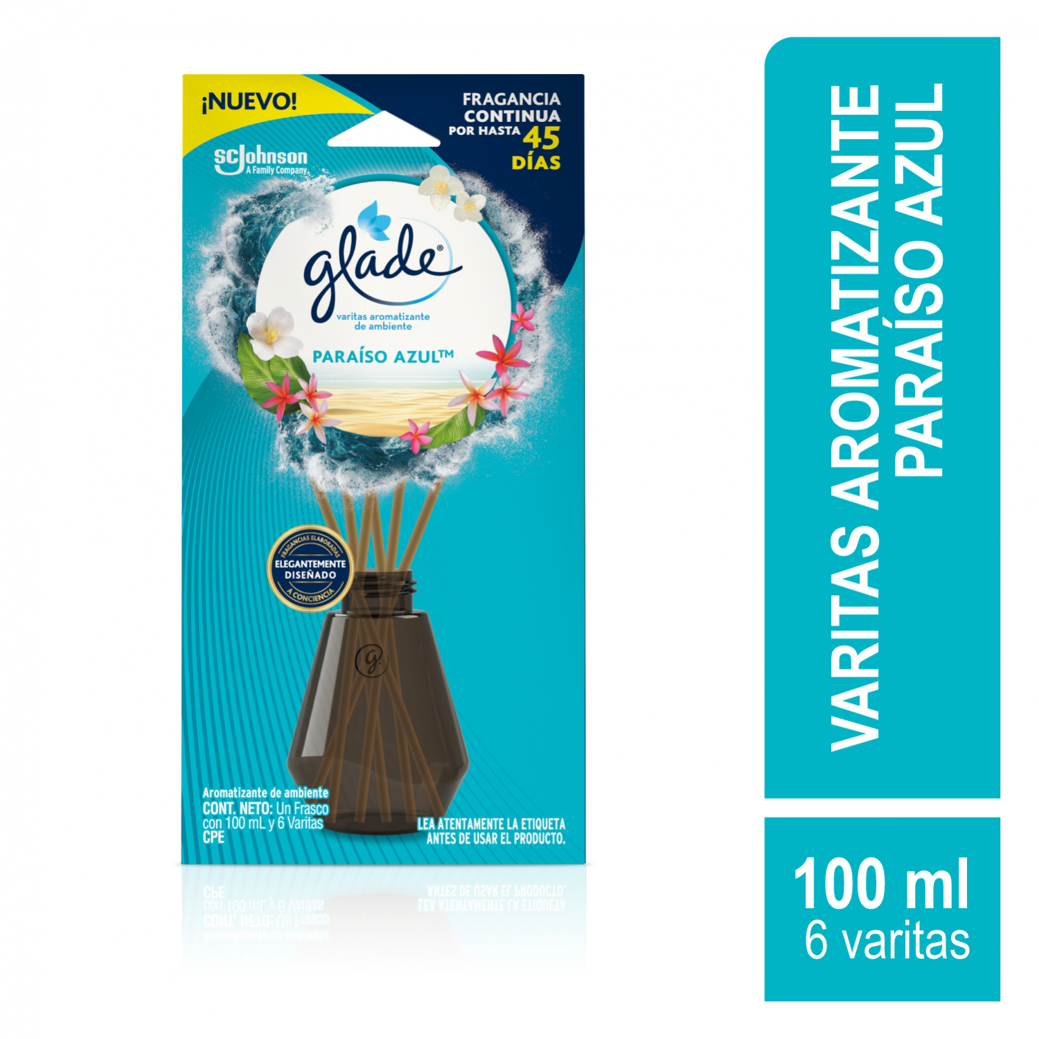 Glade Aromatizante Varitas Paraíso Azul Frasco con 100 ml y 6 Varitas