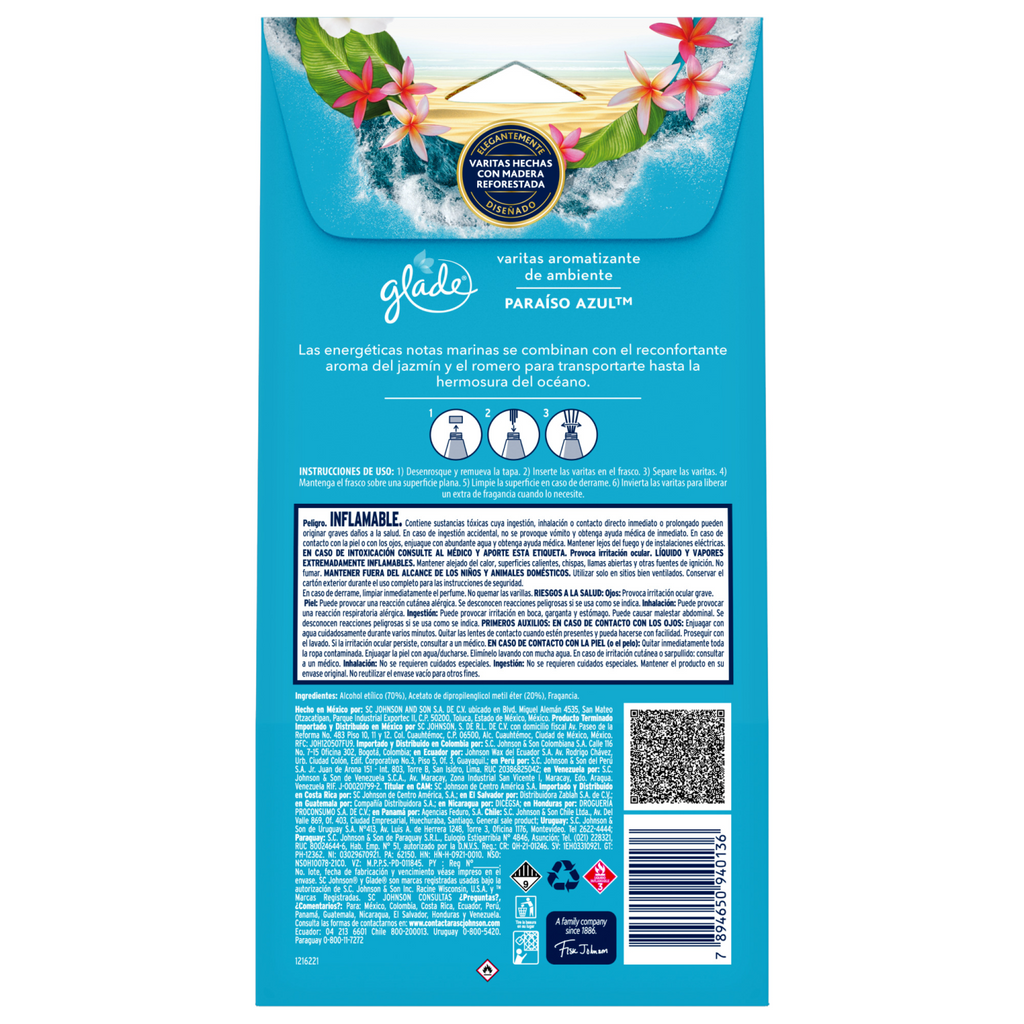 Glade Aromatizante Varitas Paraíso Azul Frasco con 100 ml y 6 Varitas