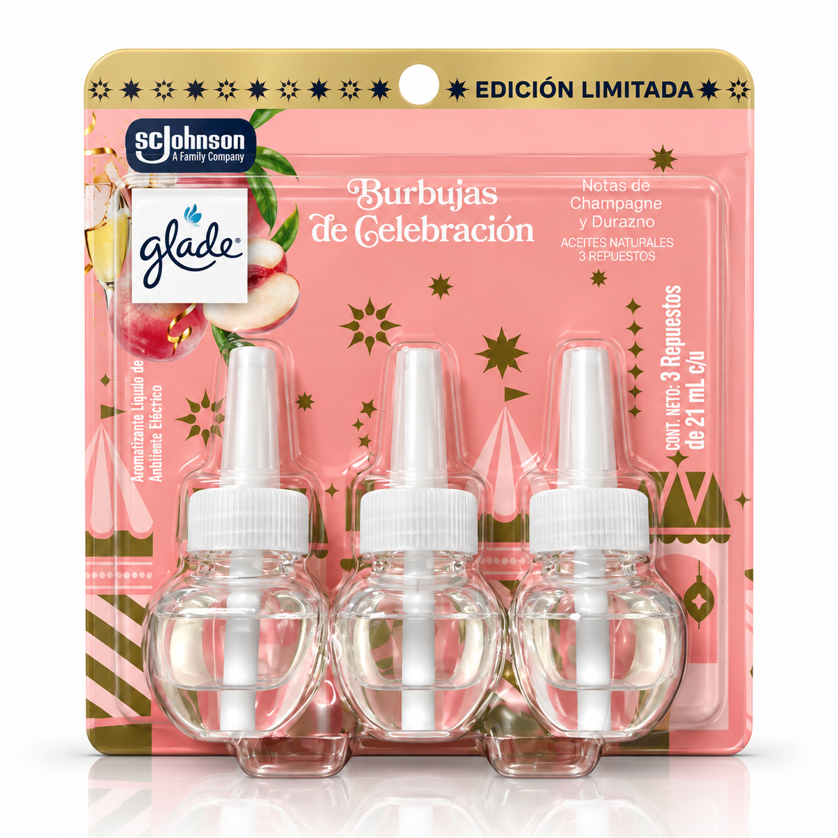 Glade Aromatizante Aceites Naturales Burbujas de Celebración 3 Repuestos 21ml c/u