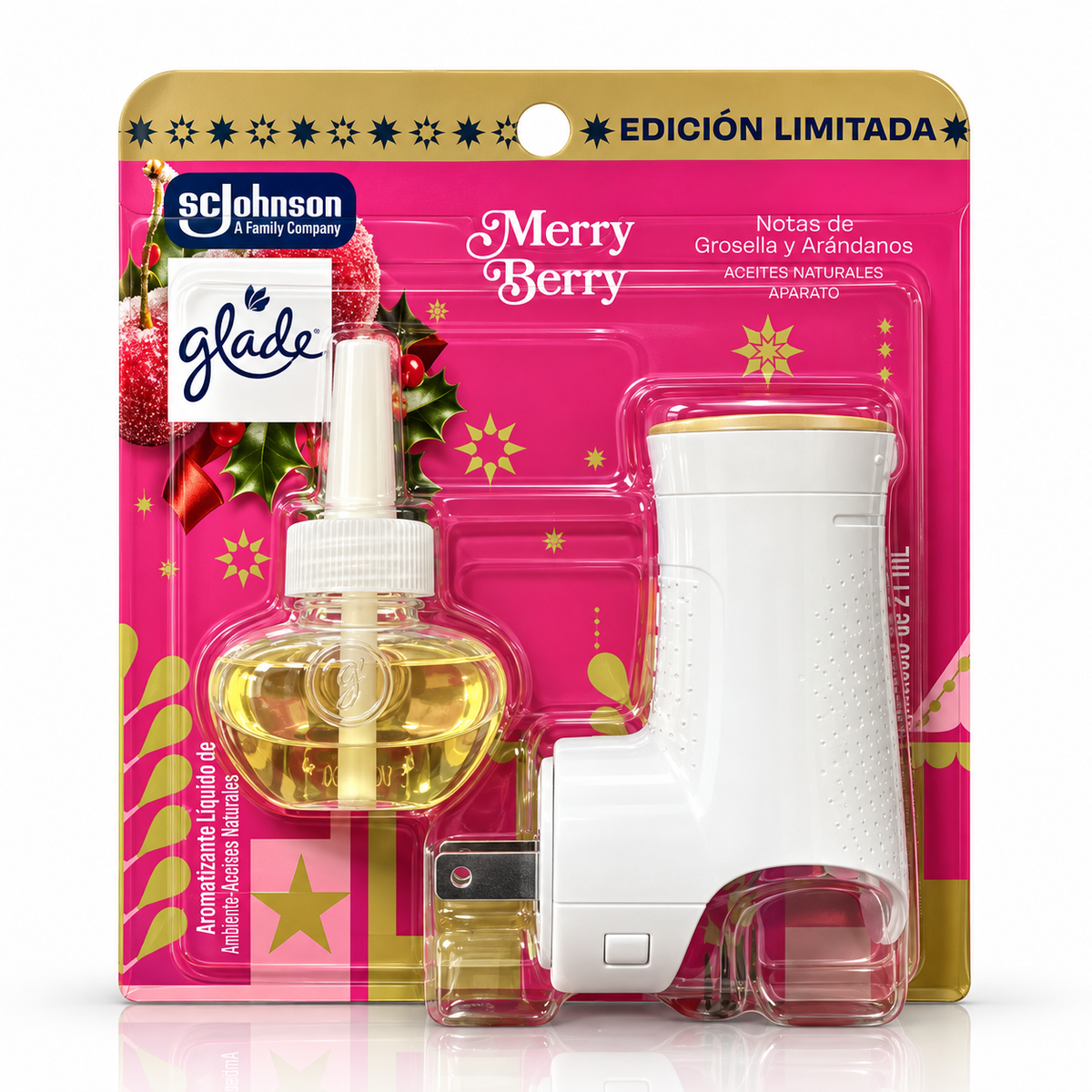 Glade Aromatizante Aceites Naturales Líquido Eléctrico Merry Berry Aparato y 1 Repuesto 21 ml c/u