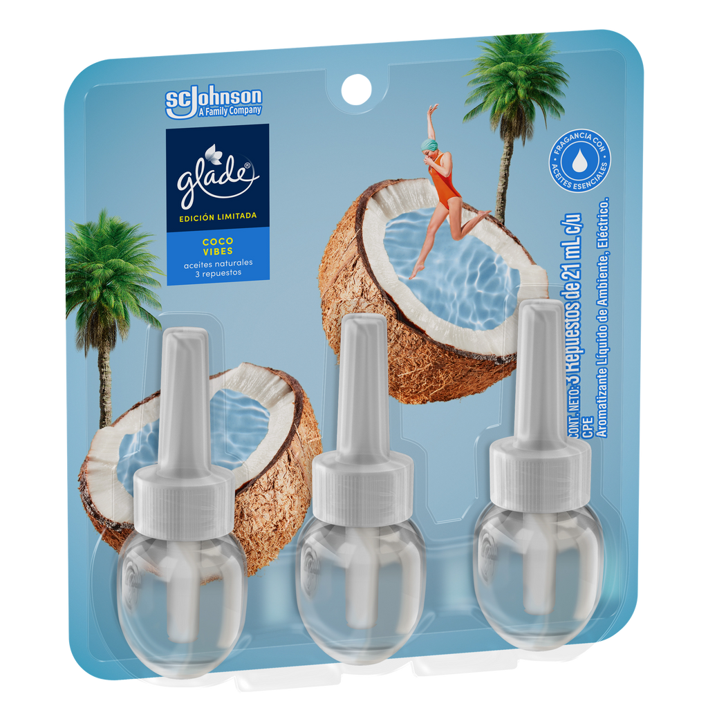 Glade Aromatizante Aceites Naturales Coco Vibes 3pk repuestos 63ml