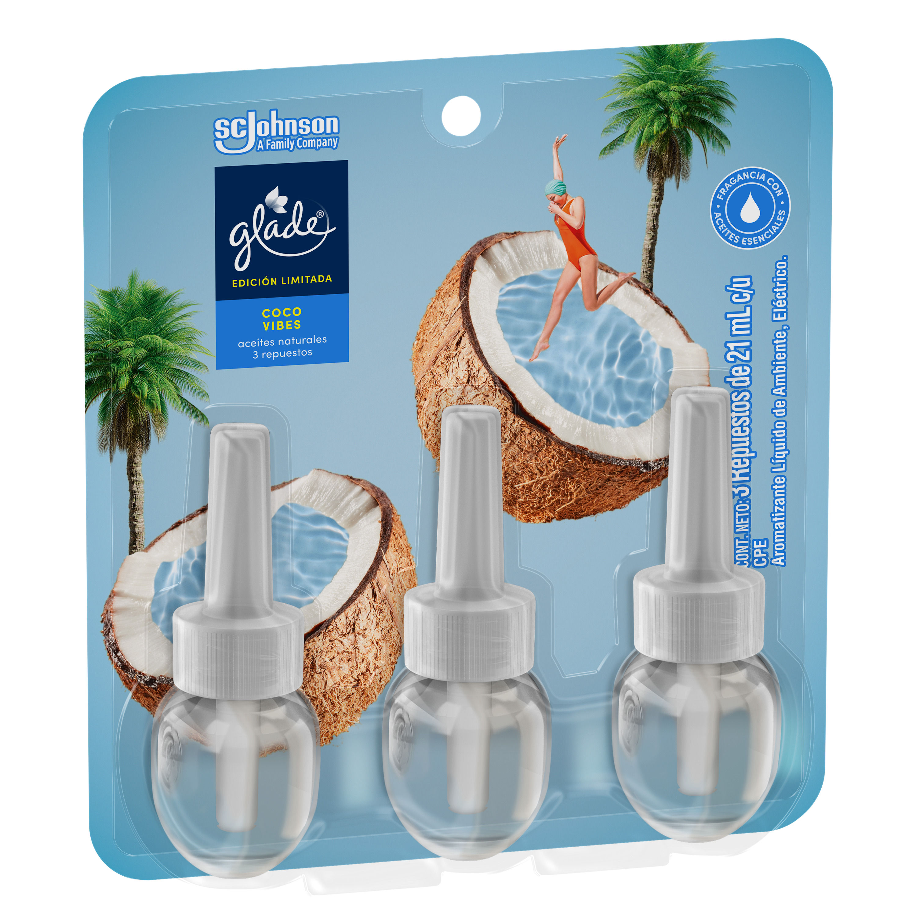 Glade Aromatizante Aceites Naturales Coco Vibes 3pk repuestos 63ml