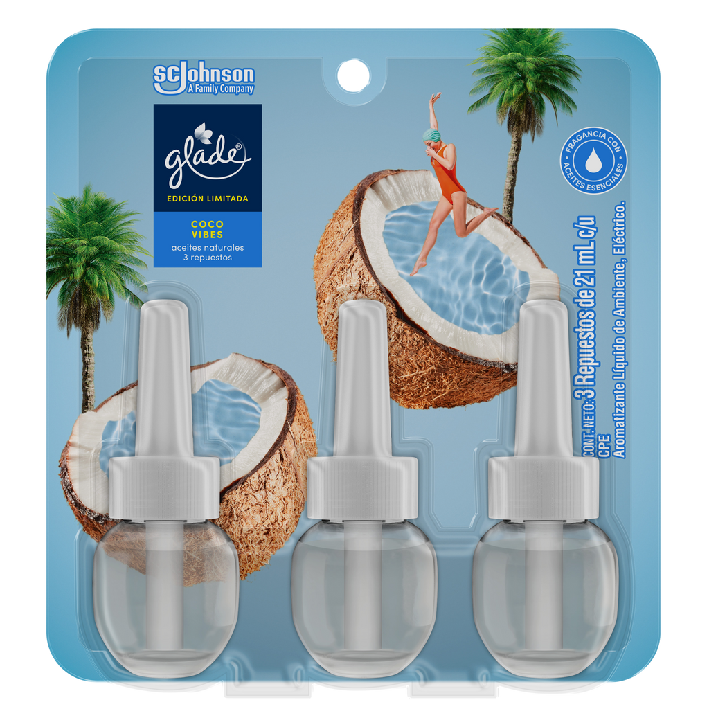 Glade Aromatizante Aceites Naturales Coco Vibes 3pk repuestos 63ml