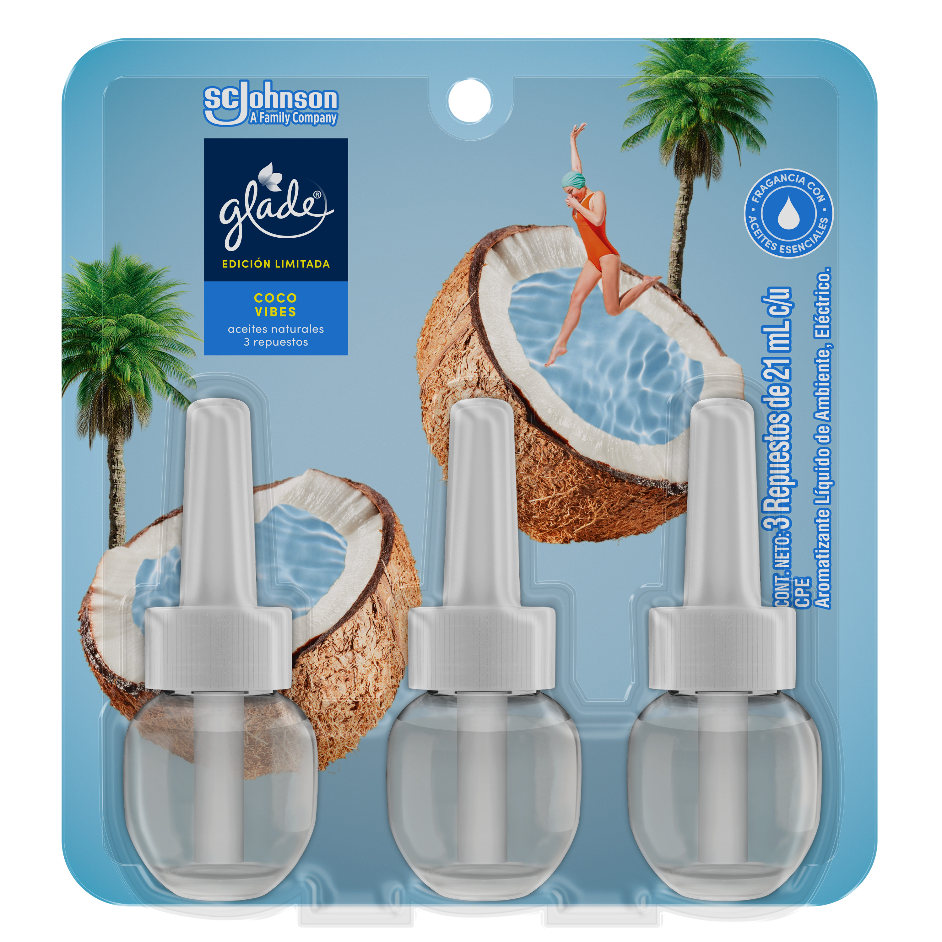 Glade Aromatizante Aceites Naturales Coco Vibes 3pk repuestos 63ml
